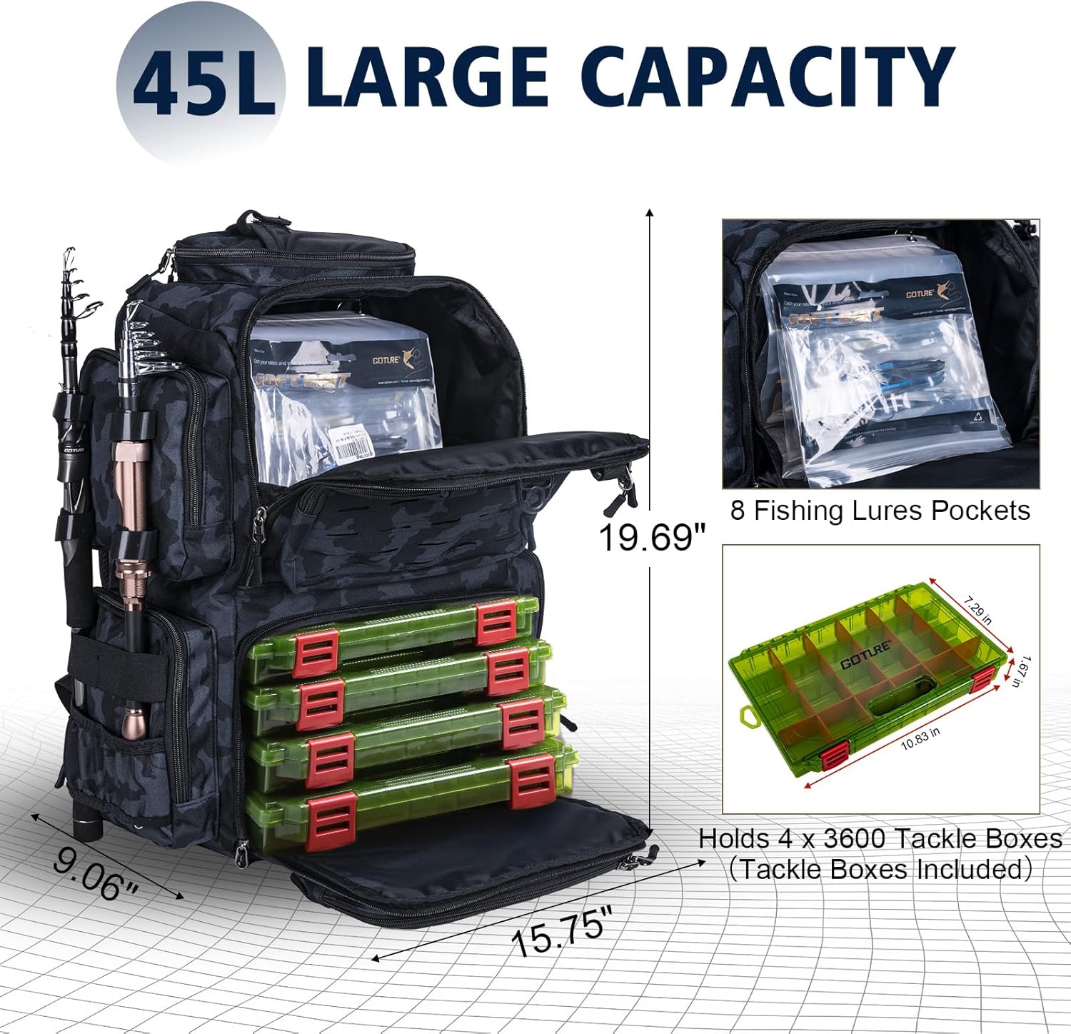 Goture Fishing Backpack with 4 Tackle Boxes,45L 600D Tackle Backpack with Rod Holders,8 Lure Pockets,Rain Cover,Large Fishing Bag Saltwater Gear Storage Bag for Camping Hiking