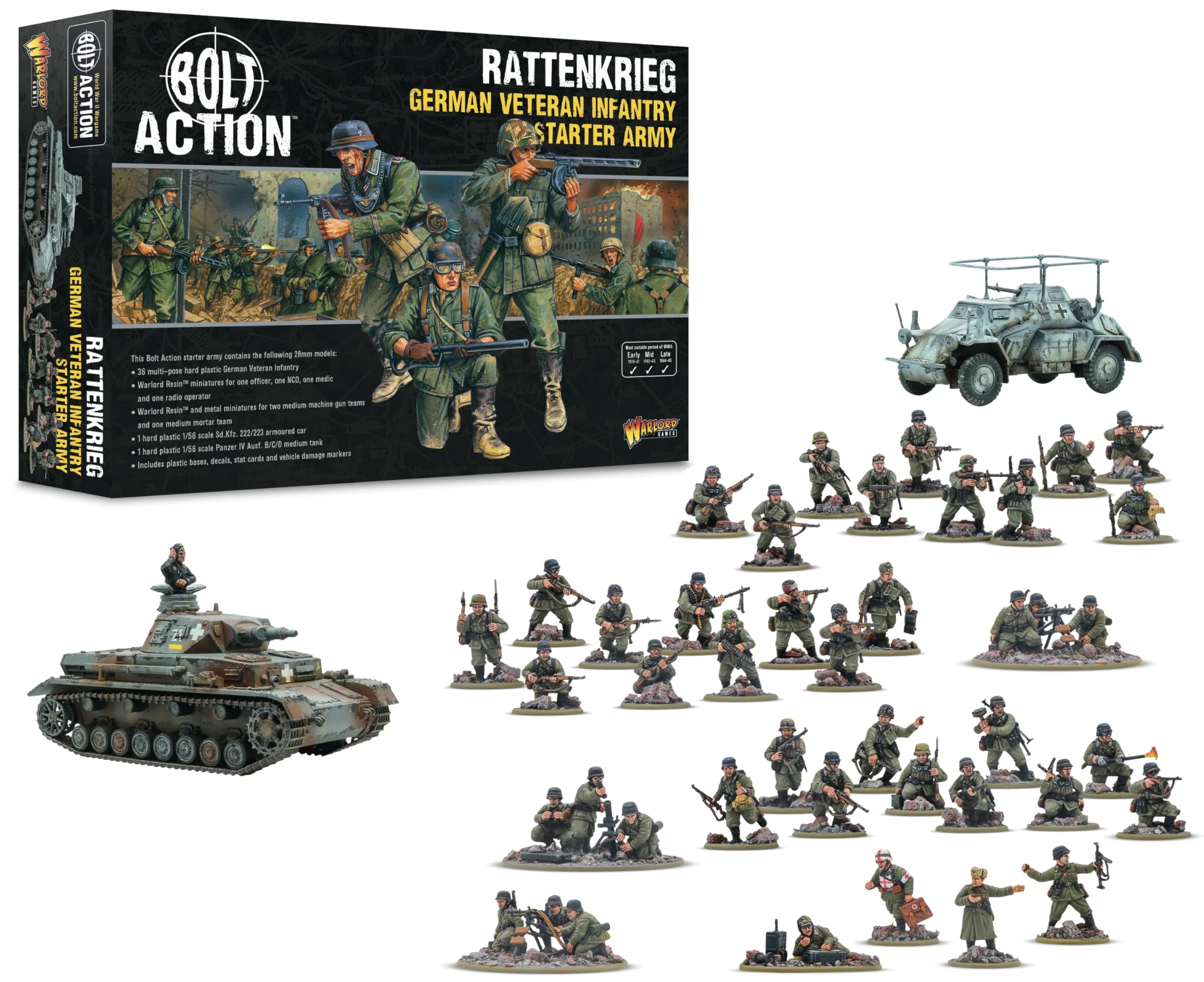 Rattenkrieg - Ejército de iniciación de infantería veterana alemana - Miniaturas a escala de 28 mm para acción de pernos altamente detalladas en miniaturas de la Segunda Guerra Mundial