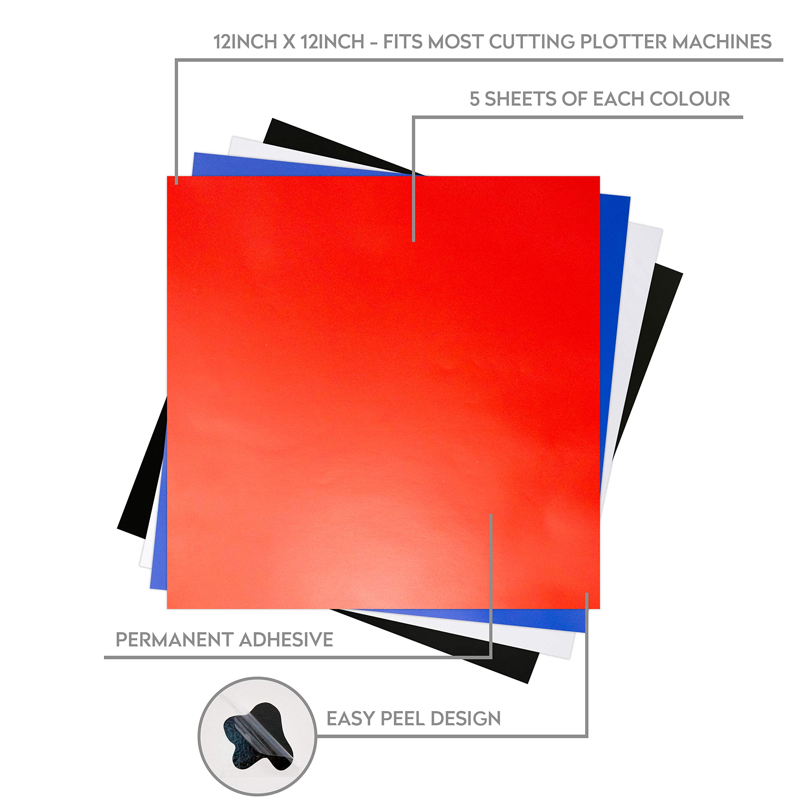 Vinyl Sheets with Adhesive [20, 12"x12" Sheets] Matte Blue, Red, Black