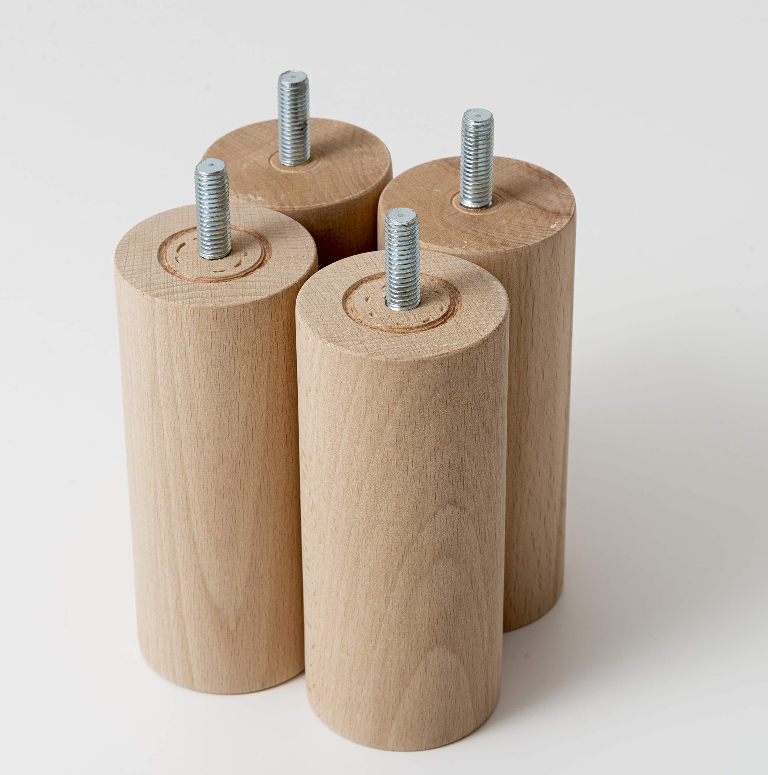 IPEA Piedini in Legno per Mobili e Divani - Altezza 140 mm – [ DESIGN MINIMAL ED ELEGANTE ] - Set di 4 Piedi in Legno Grezzo per Armadi, Poltrone, Arredamento Casa - Gambe per Letti – Vite M10