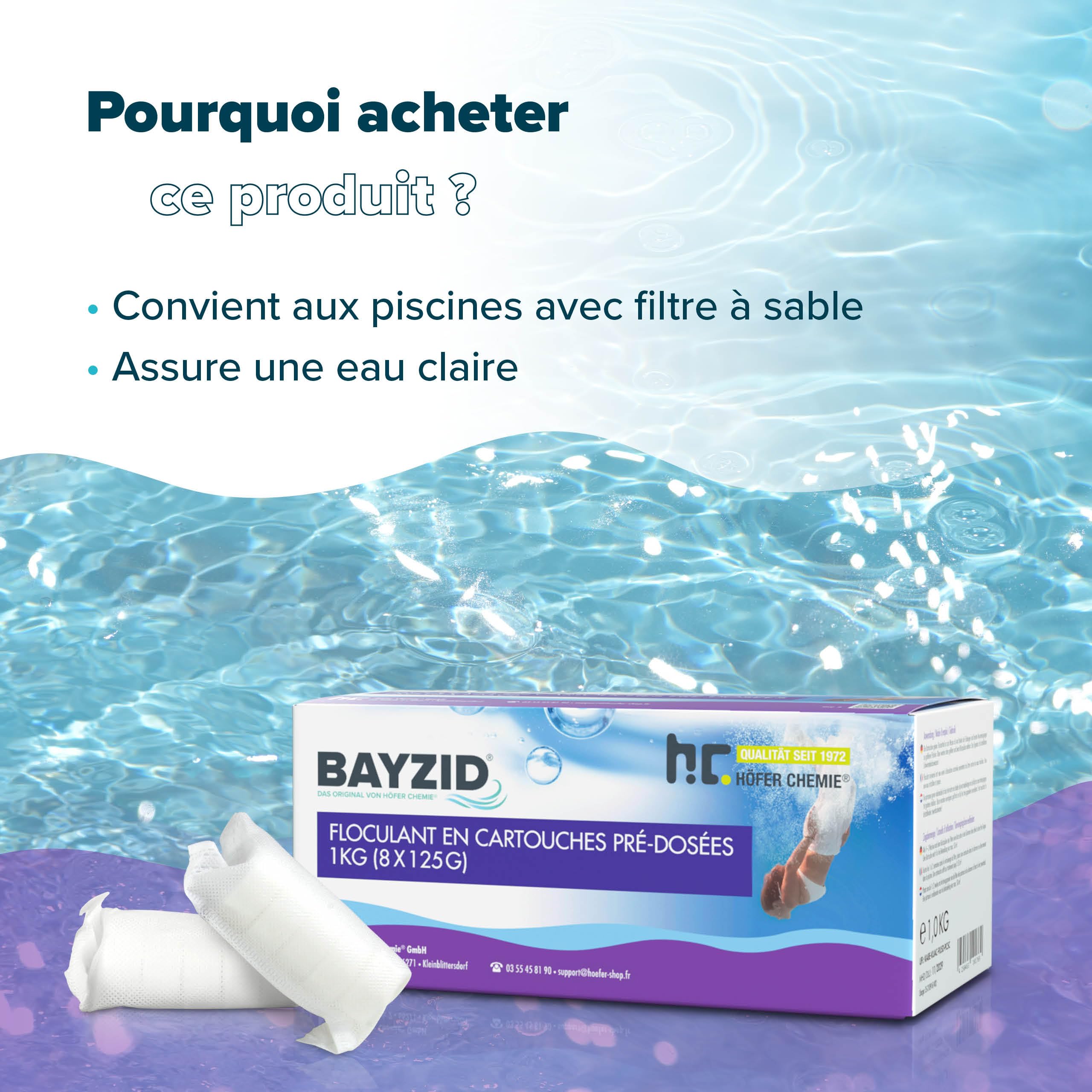 Höfer Chemie 4 x 1 kg BAYZID® Cartouches de Floculant Piscine Pré-dosées (8 x 125 g) - Élimination Rapide des Impuretés pour Piscines avec Filtres à Sable, Facile à Utiliser