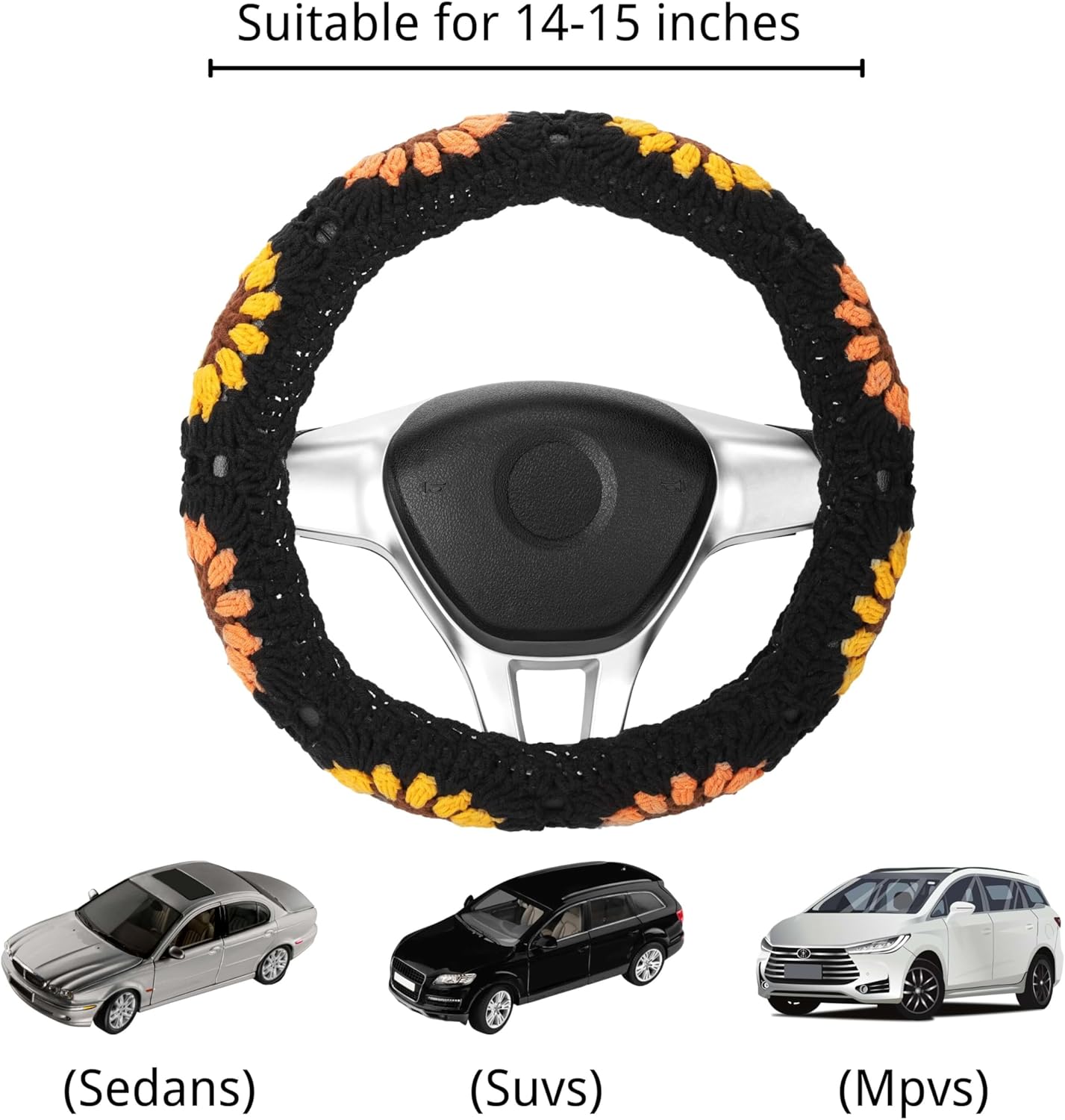 Boho 14-15 in Crochet Steering Wheel Cover Set, Handmade Black Sunflower Granny Square Pattern Car Decor for Women, Hippie Car Accessories - Image 2