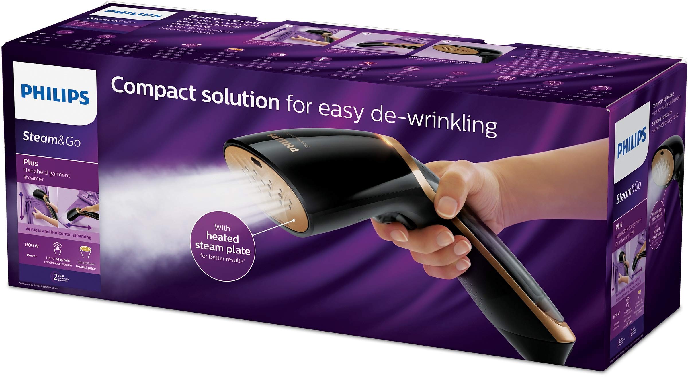 Philips Steam&Go GC365/80 Dampfglätter (1300 Watt, SmartFlow Heizplatte, Bürstenaufsatz) schwarz/gold (Generalüberholt)
