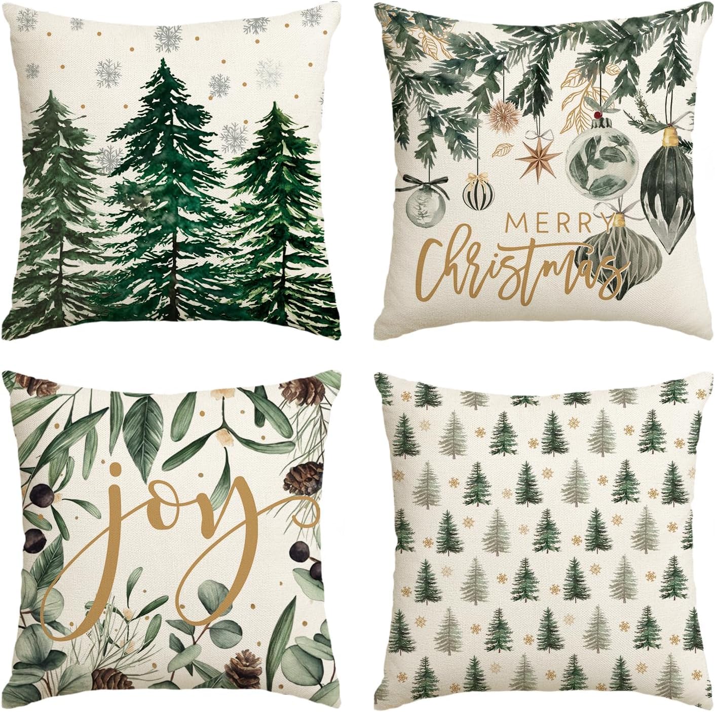 AVOIN colorlife Merry Christmas Trees Snowflake Throw Pillow Covers, 16 x 16 Inch Joy Xmas Balls Winter Holiday Cushion Case Decoration for Sofa Couch Set of 4 Green 16" x 16" (Pack of 4)