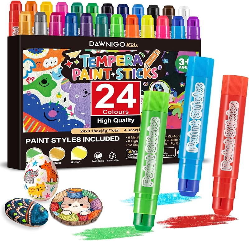 24 Colors Tempera Paint Sticks,Washable Paint Sticks for Kids,Non-Toxic,90s Quick Drying, Allergen Free and High Coverage Solid Tempera Paint Stick,Ideal Gifts for Kids and Toddlers