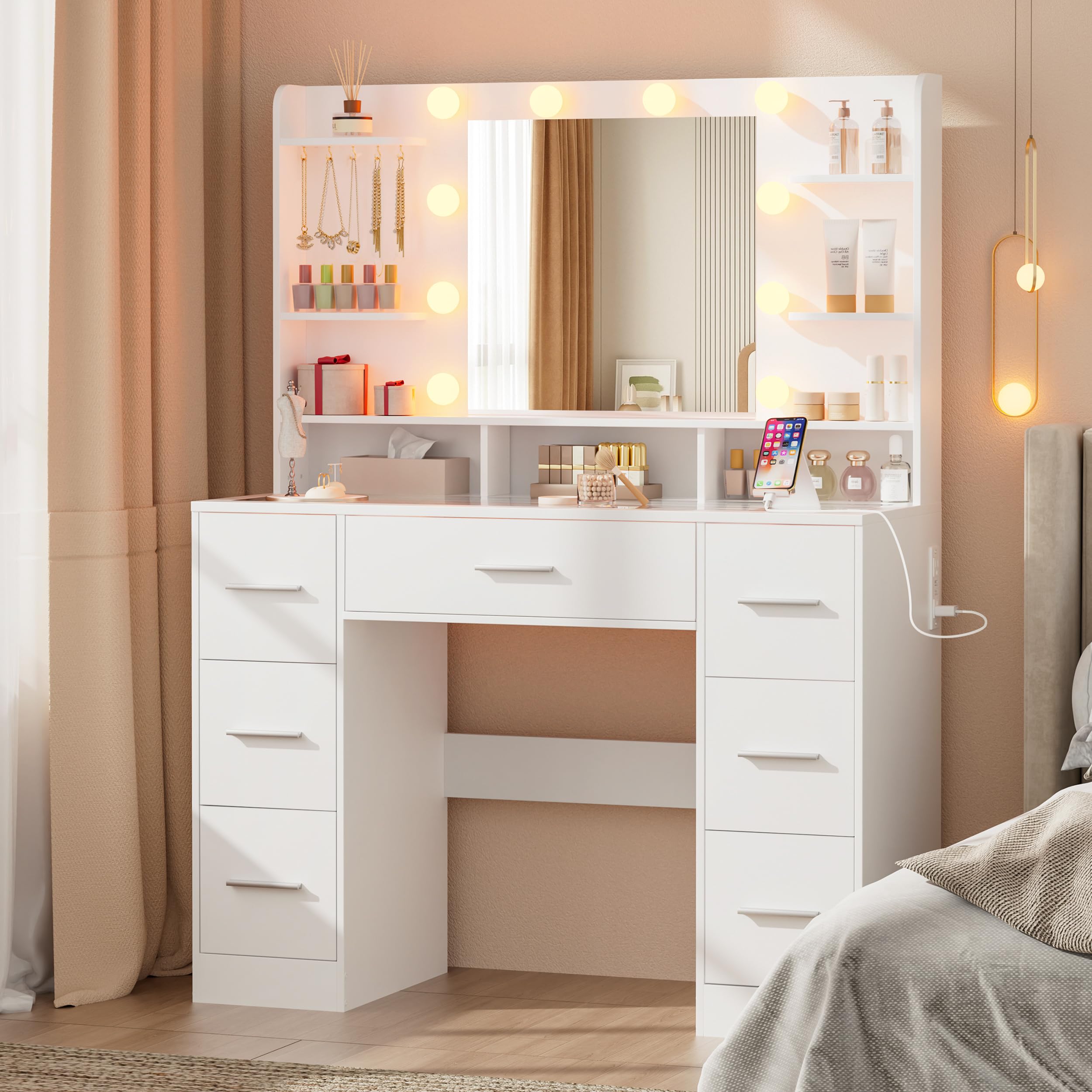 Schminktisch mit LED-Beleuchtung & großem Spiegel – Kosmetik- & Frisiertisch, dimmbar, USB-Ladestation, verstellbare Ablagen, große Schublade, für Schlafzimmer
