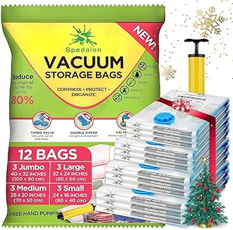 Vacuum Storage Bags - Pack of 12 (3 Jumbo + 3 Large + 3 Medium + 3 Small) Reusable with Free Hand Pump for Travel Packing | Best Sealer Bags for Clothes, Duvets, Bedding, Pillows, Blankets, Curtains