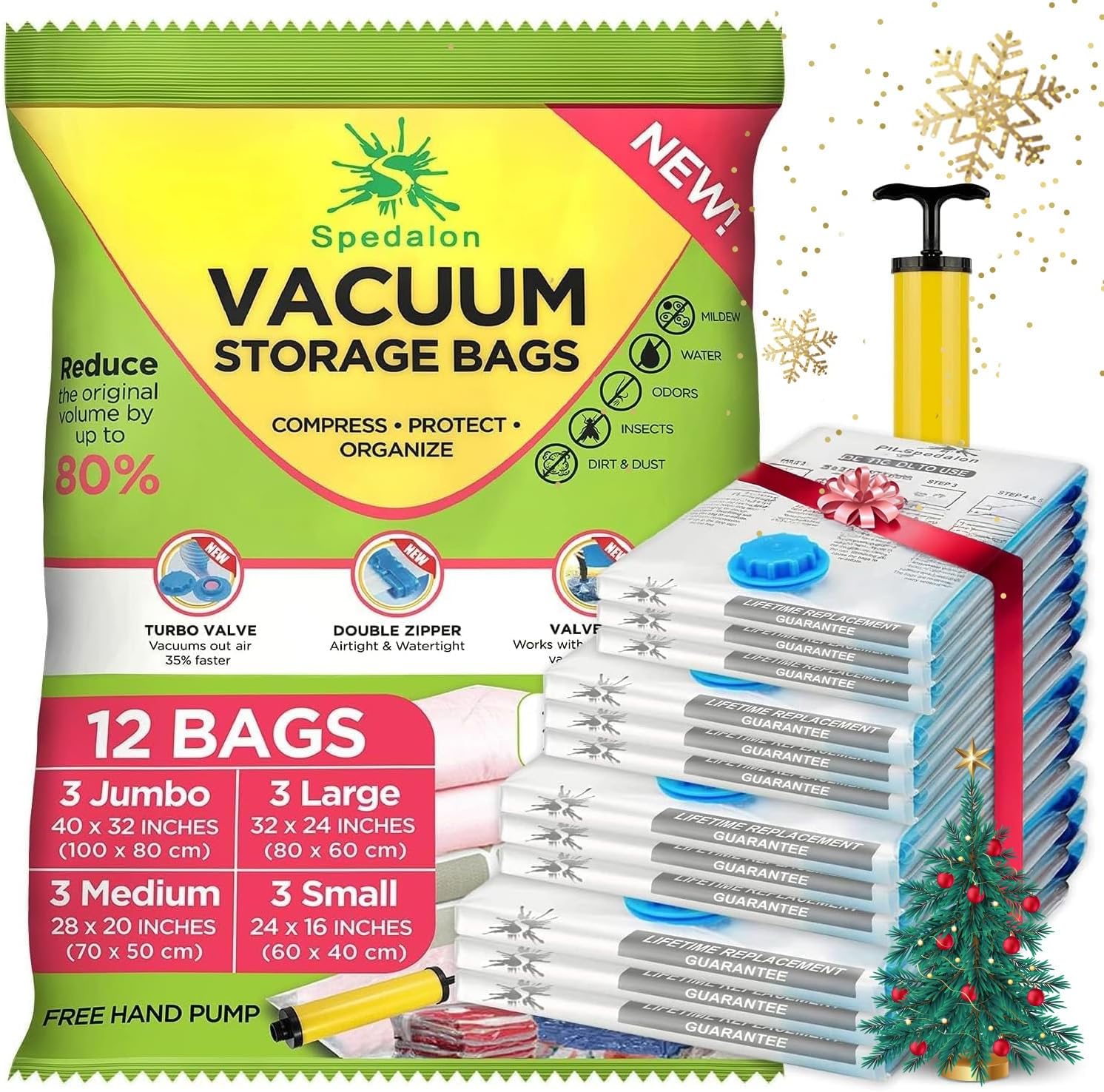 Vacuum Storage Bags - Pack of 12 (3 Jumbo + 3 Large + 3 Medium + 3 Small) Reusable with Free Hand Pump for Travel Packing | Best Sealer Bags for Clothes, Duvets, Bedding, Pillows, Blankets, Curtains