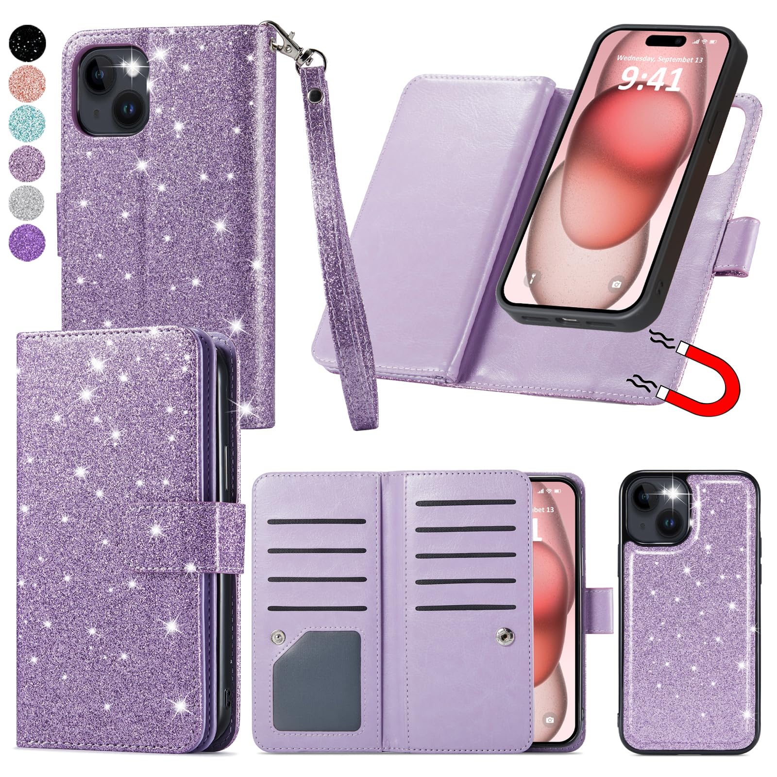Varikke for iPhone 15 Plus Case Wallet, Detachable Magnetic for iPhone 15 Plus Wallet Case Women with Card Holder Kickstand Wrist Strap Glitter PU Leather Flip Phone Cover 6.7 Inch, Light Purple