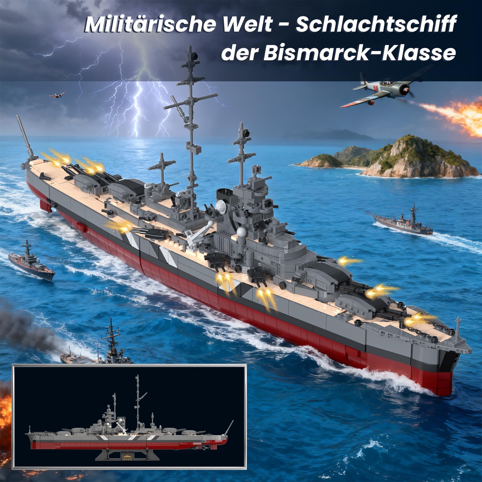 Brihappen Zweiten Weltkrieg Schlachtschiff Bausatz Set, Deutsche Kriegsschiff Bismarck Bausteine Set für Erwachsene und Jugendliche ab 14 Jahren, Militär-Themen-Bausatz als Geschenk（2535 Stück）