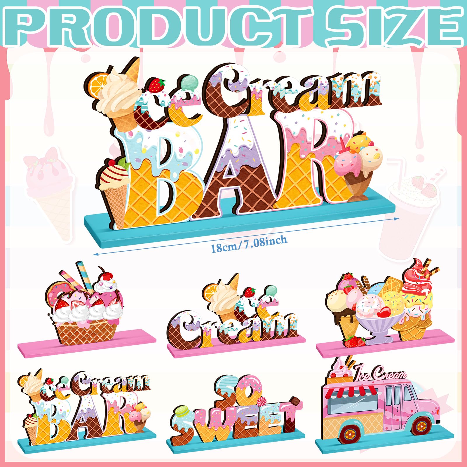 6 Pcs Ice Cream Table Wooden Decorations Ice Cream Sign Centerpiece Summer Home Decor Bar Party Decorations for Kids Birthday Party Summer Wedding Supplies