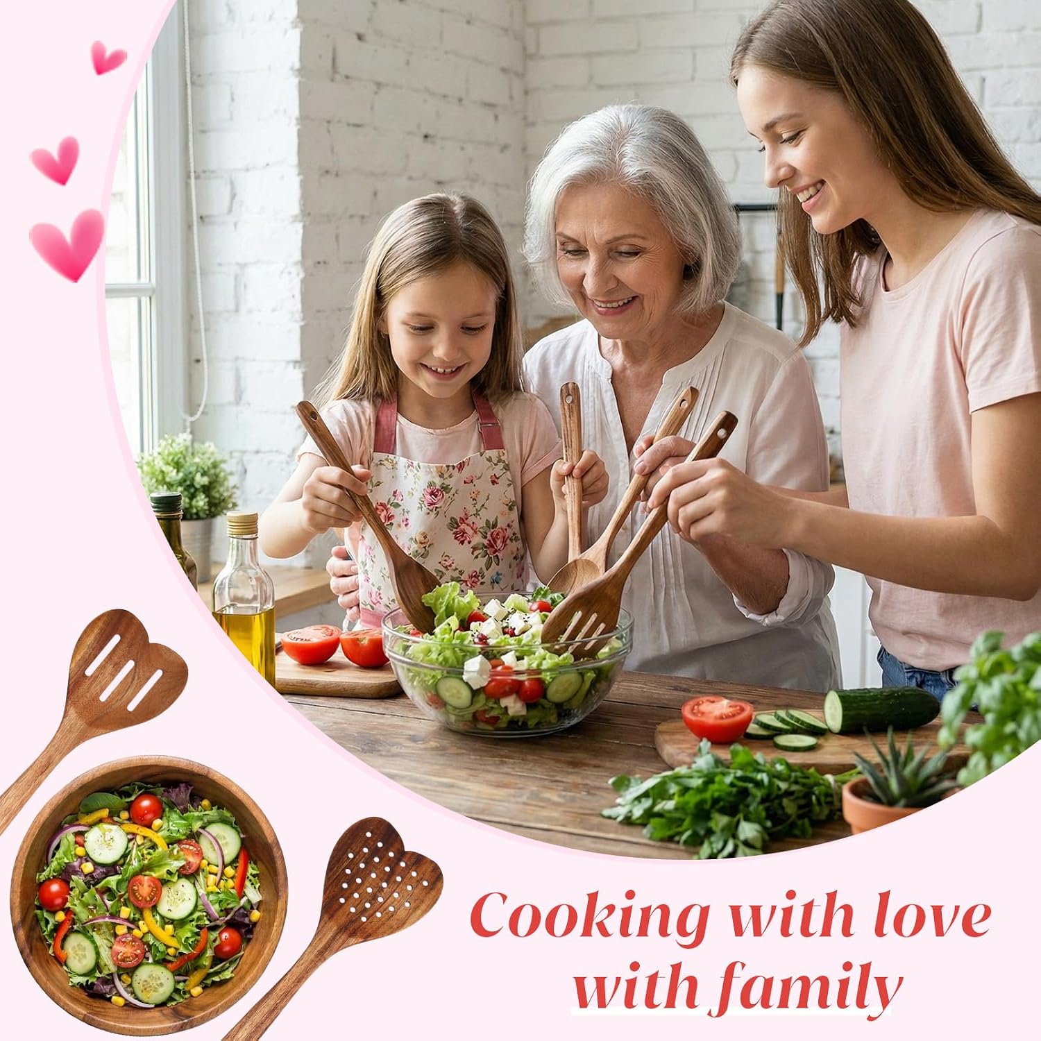 Baderke 4 Pcs Acacia Wooden Heart Spoons Set, Mothers Day Gifts Heart Shaped Cooking Utensil, 4-Style, Long Handle for Wedding Housewarming Gift for Wife Mom Grandma Hostesses Cooks