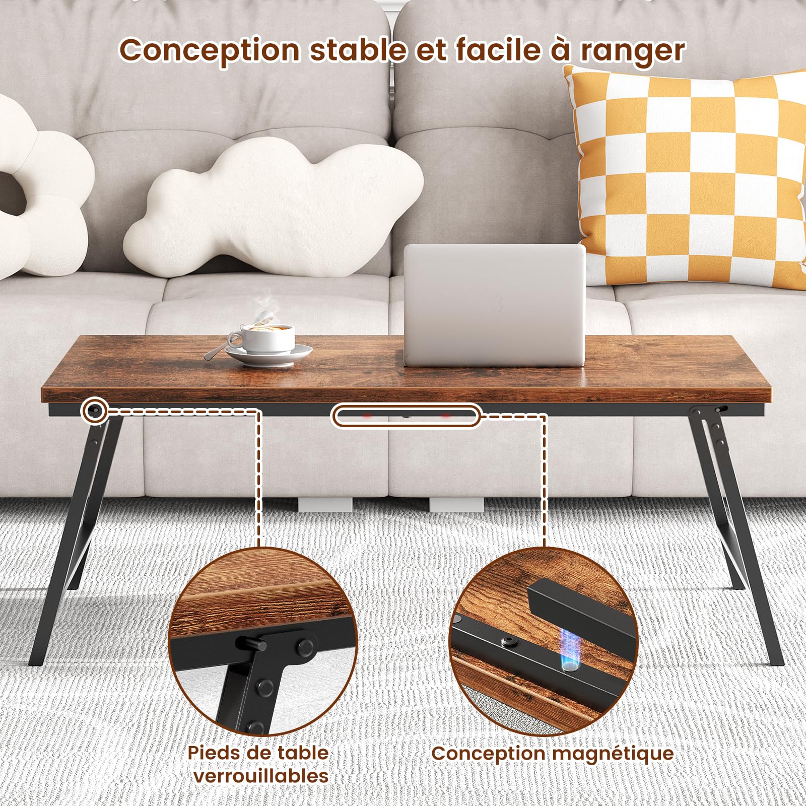 Table Basse Pliante, Petite Table de Salon, Pieds Verrouillables, 80×40×40 cm, Aucun Assemblage Requis, Table D'appoint de Canapé en Bois avec Pieds Pliables, Marron Vintage