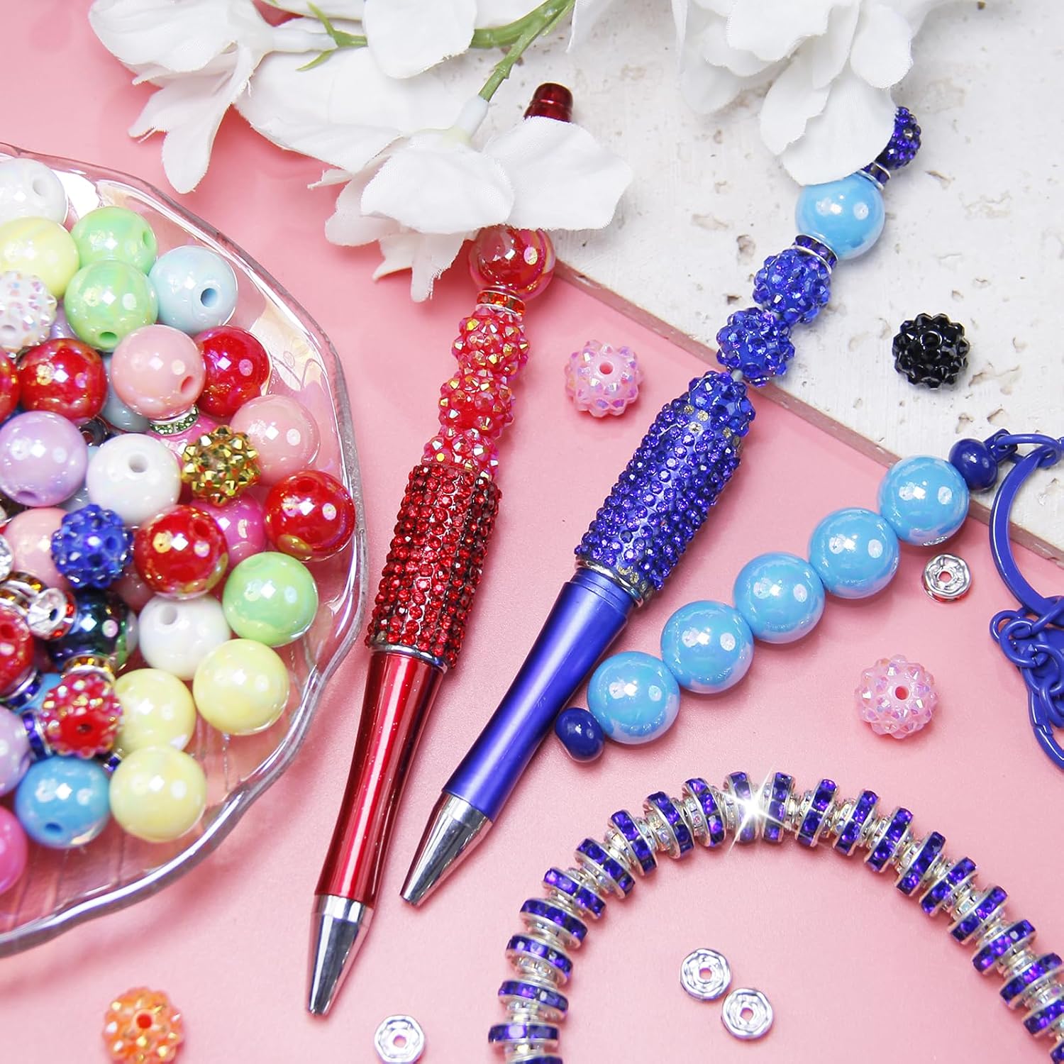 500 Pcs Beads for Pens Making, Rhinestone Rondelle Spacer Beads Rainbow Acrylic Focal Bead Crystal Round Sparkly Bead for Beadable Pens Keychain Bracelets Necklace DIY Craft Jewelry Making Supplies - Image 5