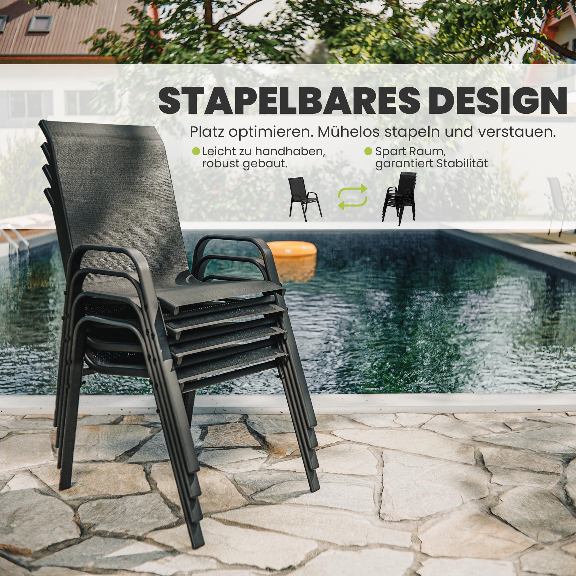 ALAULM Hochlehner Gartenstühle 4er Set Stapelbar, Wetterfeste Terrassenstühle mit Armlehnen, Atmungsaktives Textilene & Stahlgestell für Garten, Balkon, Terrasse, Poolbereich (Schwarz)