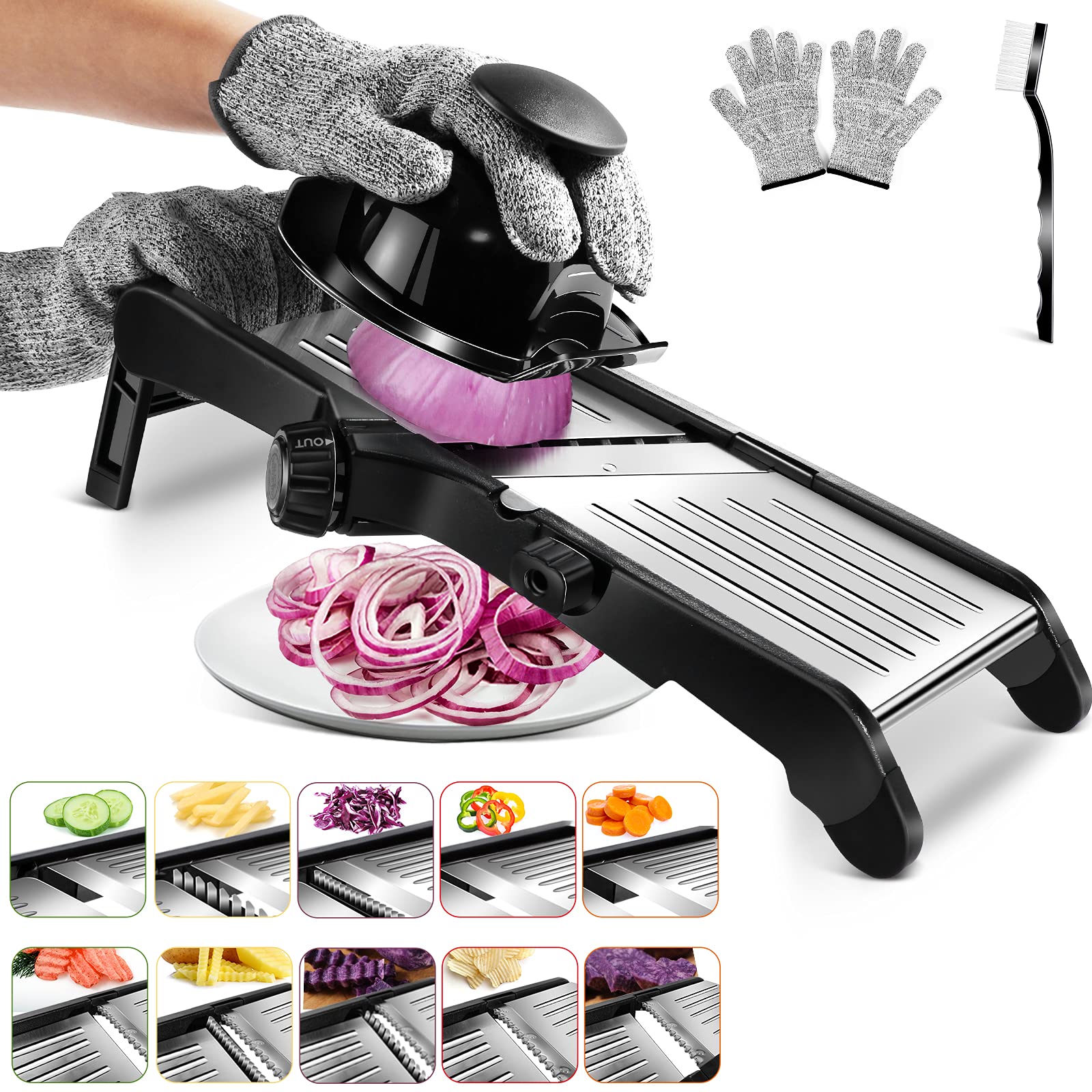Mandolina Multifunción de Acero Inoxidable, Cortador Verduras de Cocina Ajustable con Múltiples Formas de Corte Integradas en 1 Hoja Afilada, Mandolina Japonesa para Rebanada y Julienne