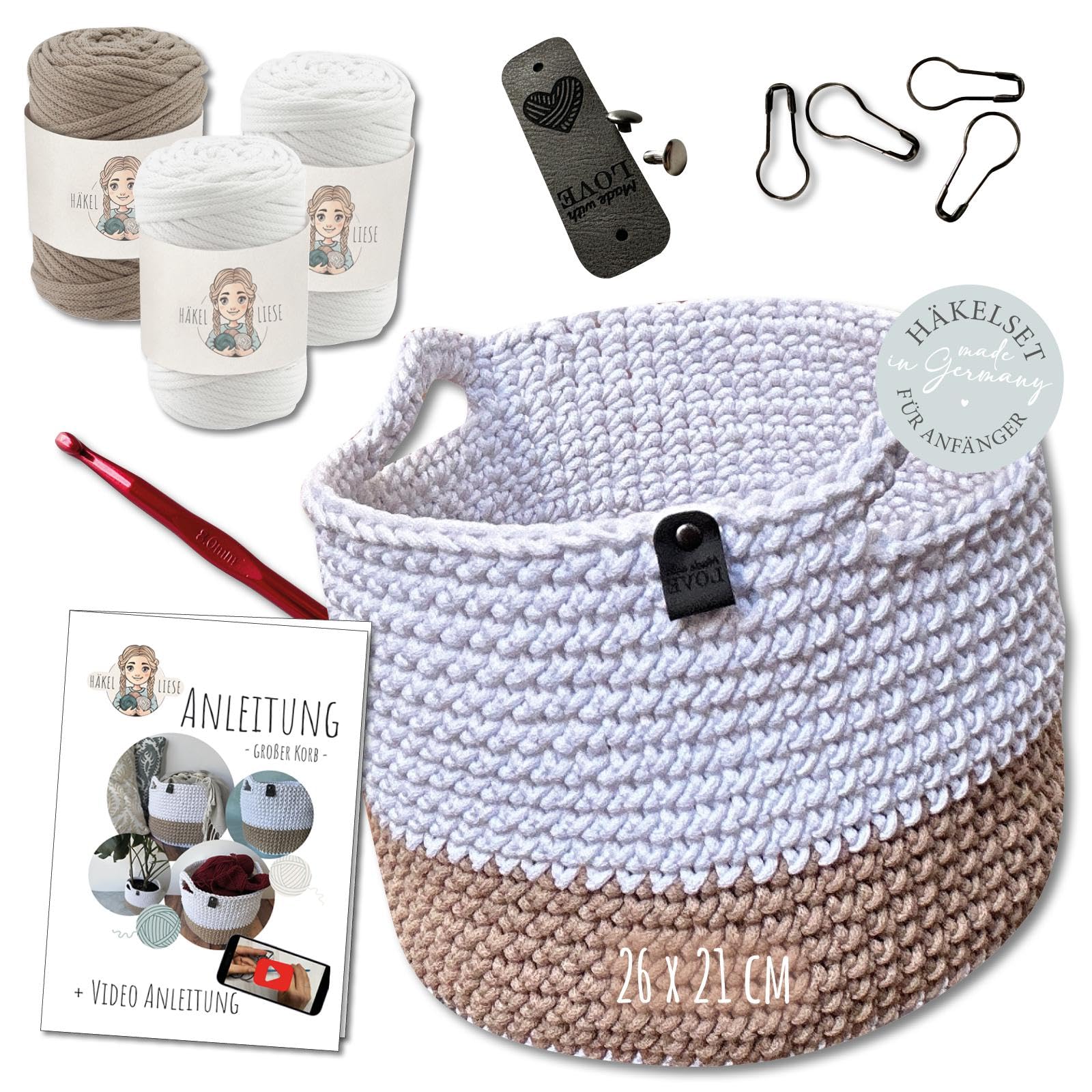 HÄKEL LIESE Set all'uncinetto per principianti – grande cestello, set all'uncinetto per principianti, cestino decorativo, filo di cotone per uncinetto, set di cestini all'uncinetto, set fai da te per