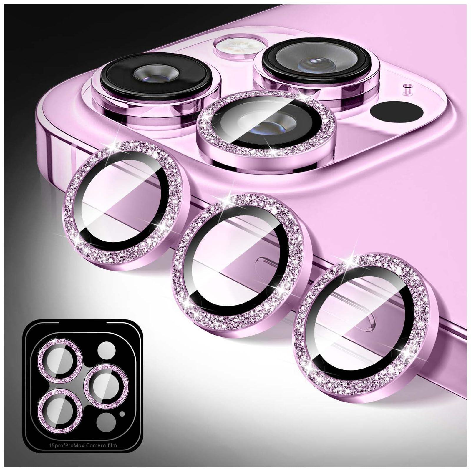 Kucheed Bling Camera Lens Protector for iPhone 12 Pro Max, Glitter 9H Tempered Glass Camera Cover Film Stickers, Sparkling Automatic Alignment Individual Metal Rings Phone Accessories