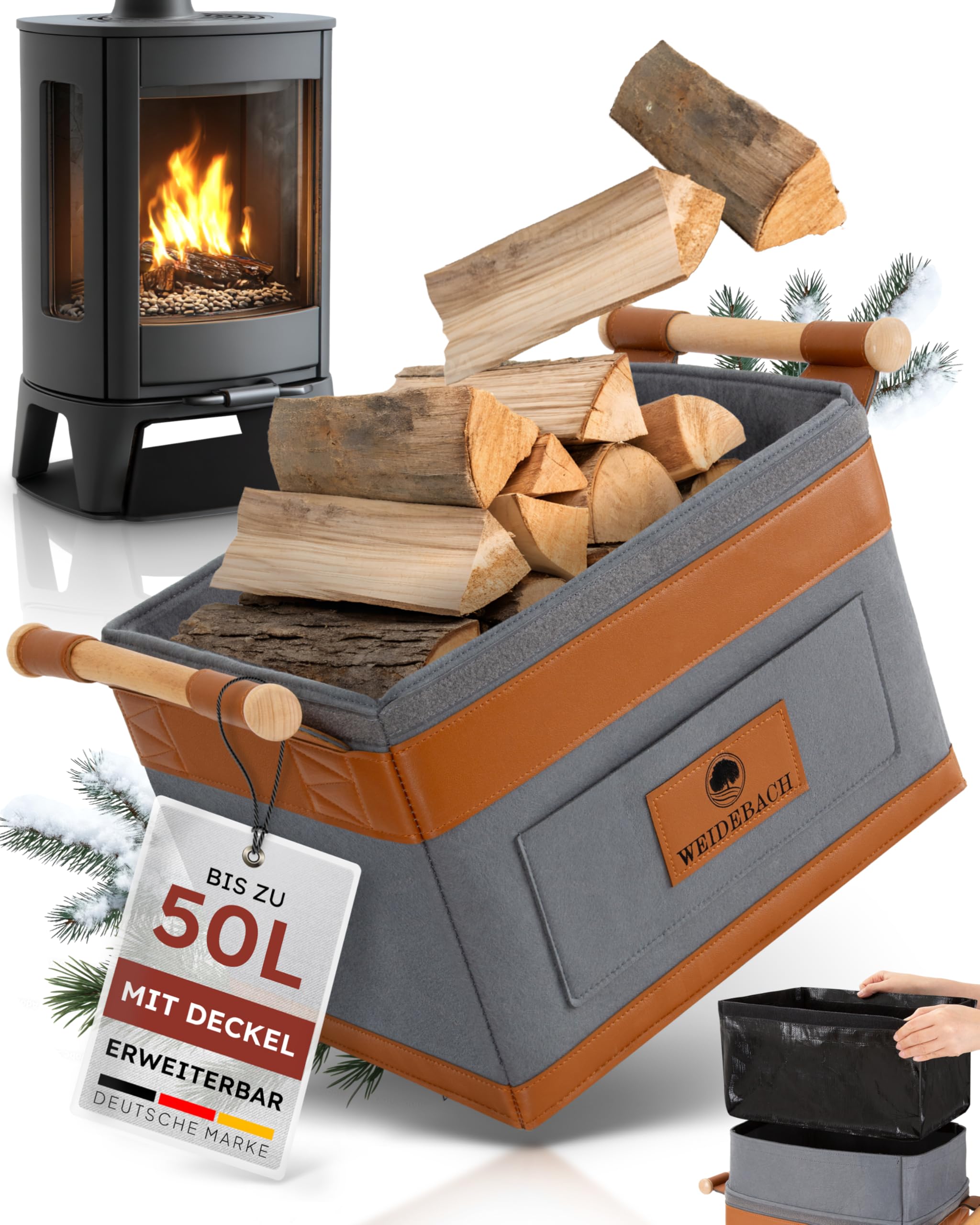 WEIDEBACH® Holzkorb für Kaminholz 35L (erweiterbar auf 50L), Kaminholzkorb grau schwer belastbar, Feuerholzkorb 40cm x 30cm x 30cm, Brennholzkorb mit rutschfestem Griff, Kaminholz Aufbewahrung