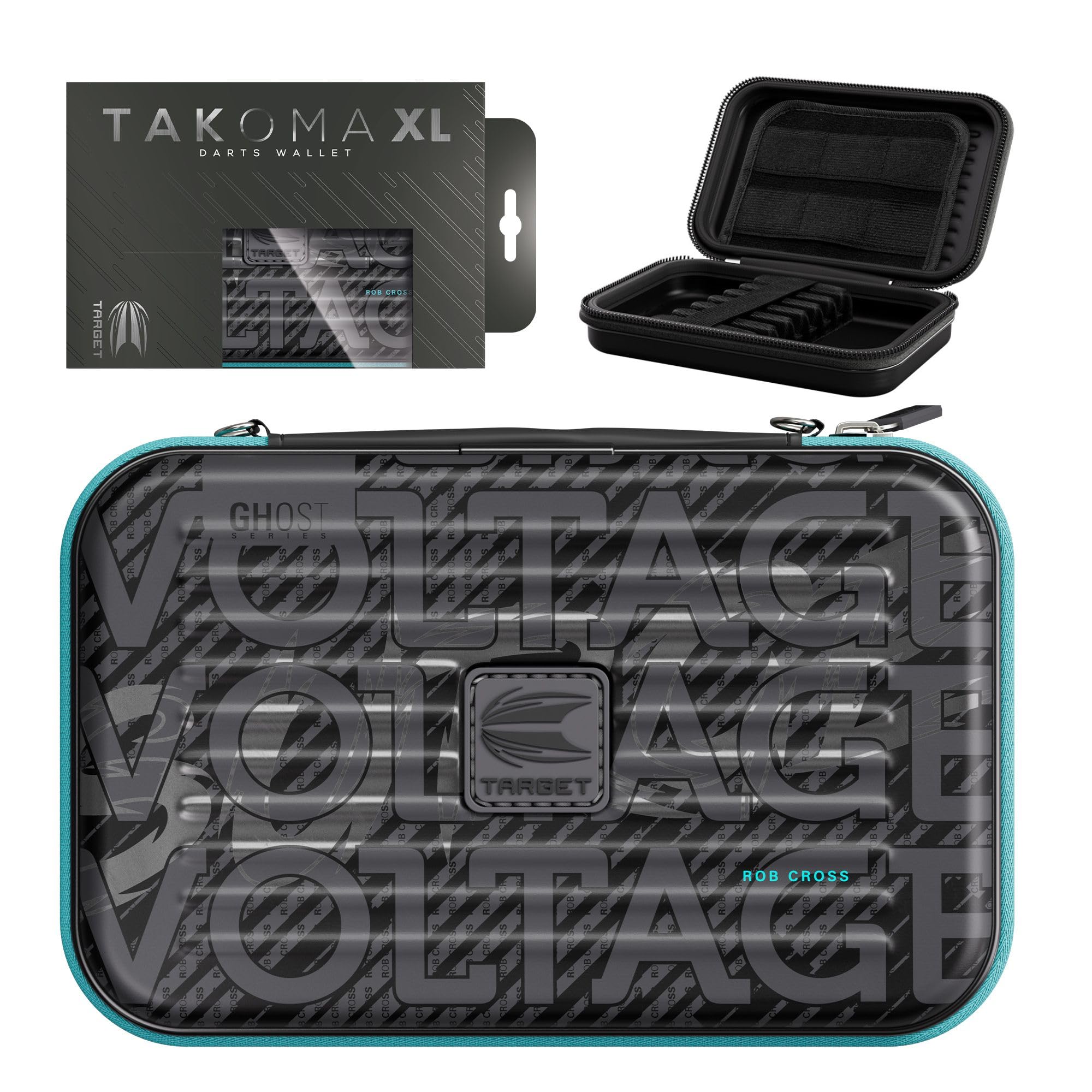 Target Darts Rob Cross Ghost Series XL Takoma Wallet – “Voltage” profesjonalne etui na 6 zmontowanych rzutek, czarno-białe, z zamkiem błyskawicznym, idealne do przechowywania akcesoriów.
