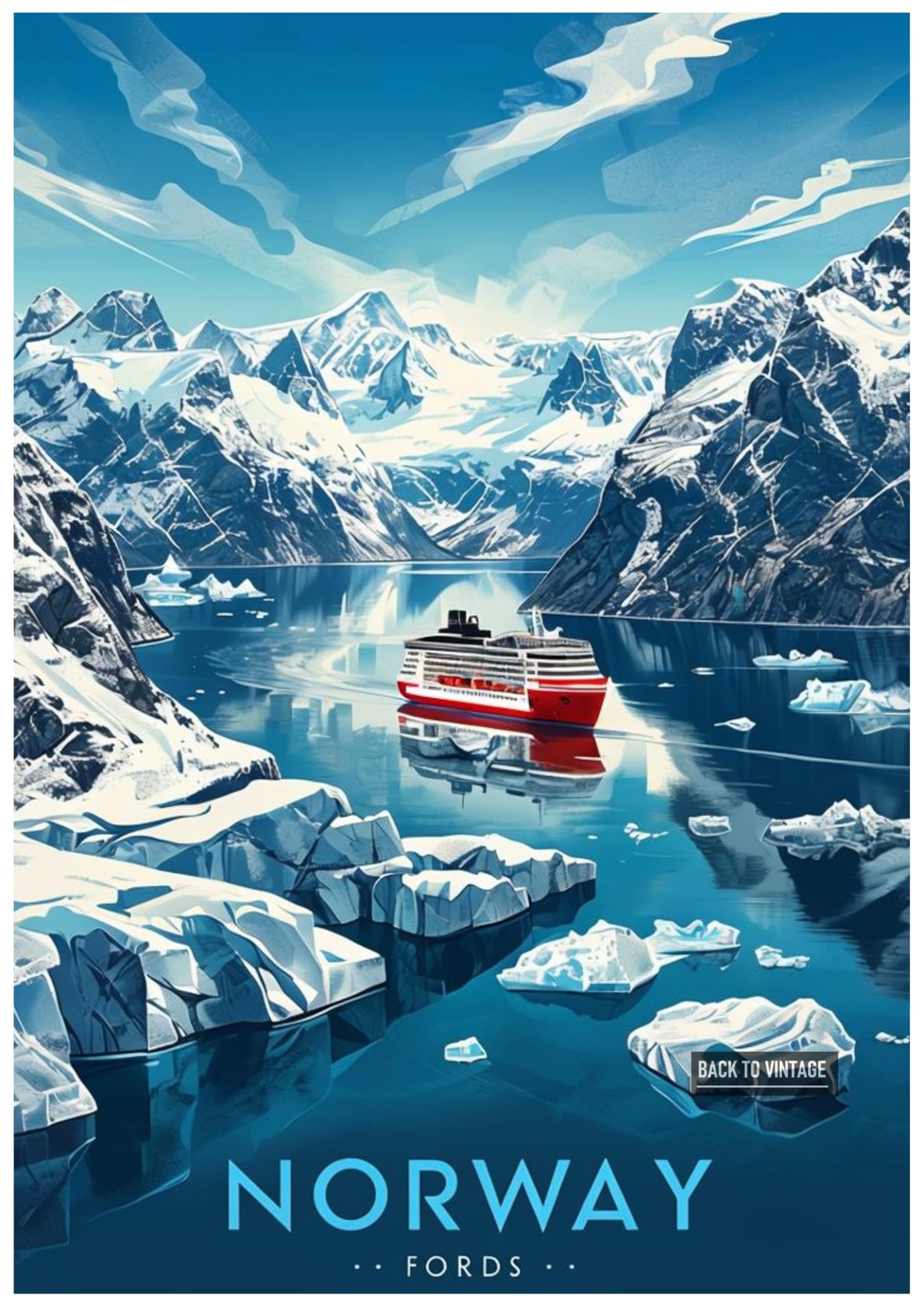 Norway Fjords Travel Poster Featuring Majestic Icebergs And Cruise Ship - Retro Europe Travel Poster A4 Size Vintage Wall Art Print of Famous European Destinations Ideal for Home or Office Decor