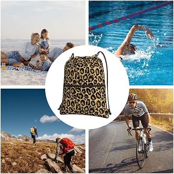 Drawstring Bag Black Leopard Yellow Drawstring Zipper Backpack Water Resistant String Bag Sports Sackpack Gym Sack With Side Pocket For Men Women