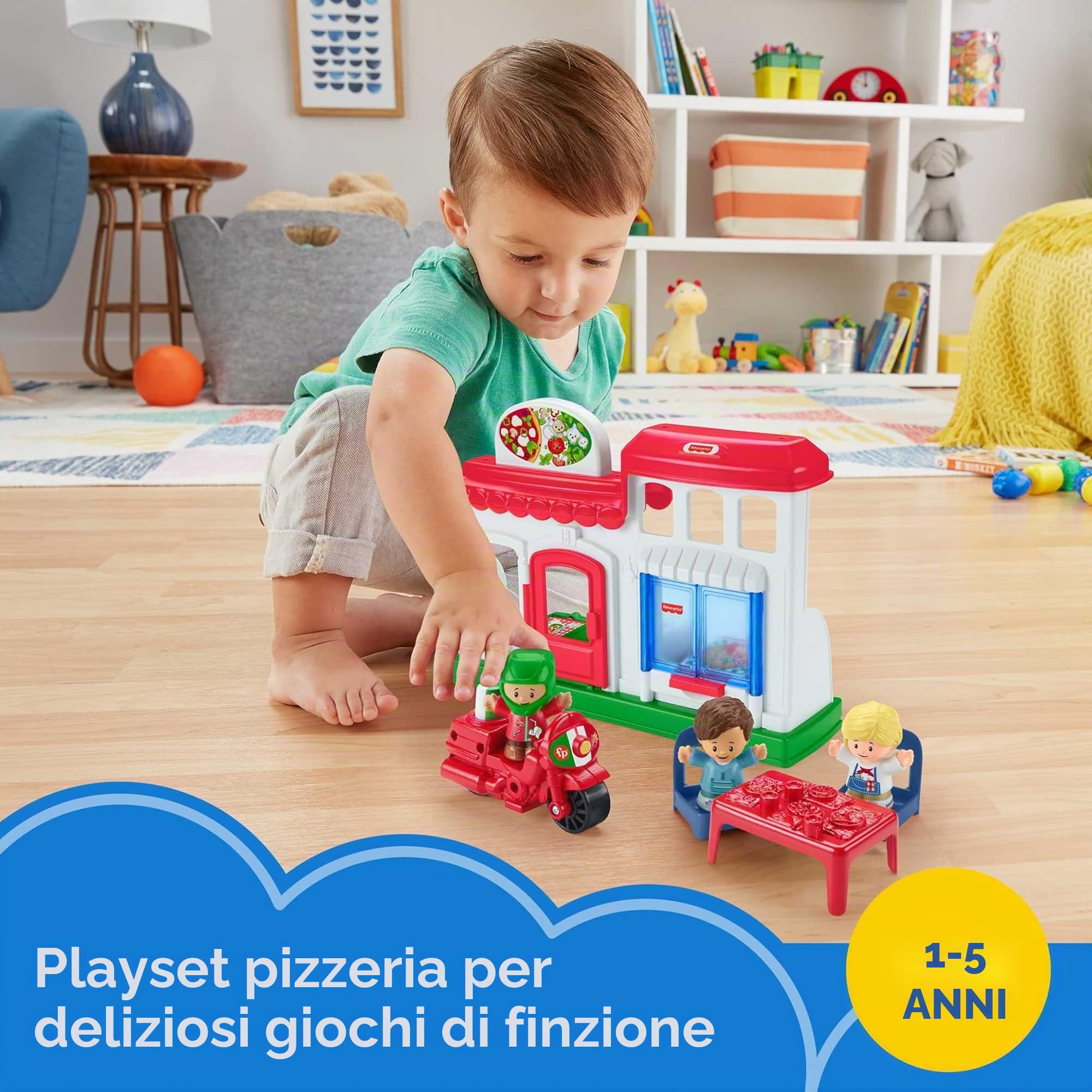 Fisher-Price - Little People Playset Pizzeria Pronta Consegna con Veicolo e Personaggi, Giocattolo per Bambini 1+ Anni, HBR79