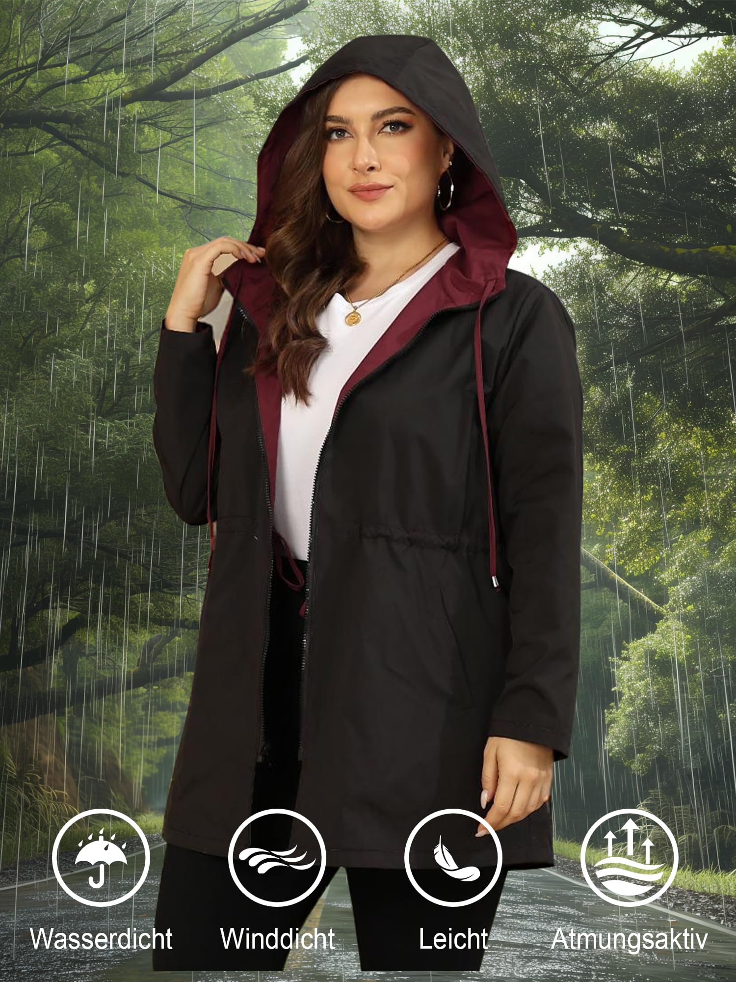 Regenjacke Damen Große Größen Reversible Regenmantel Damen Leicht Windbreaker Wasserdichte Regenjacken mit Kapuze Sport Outdoorjacke
