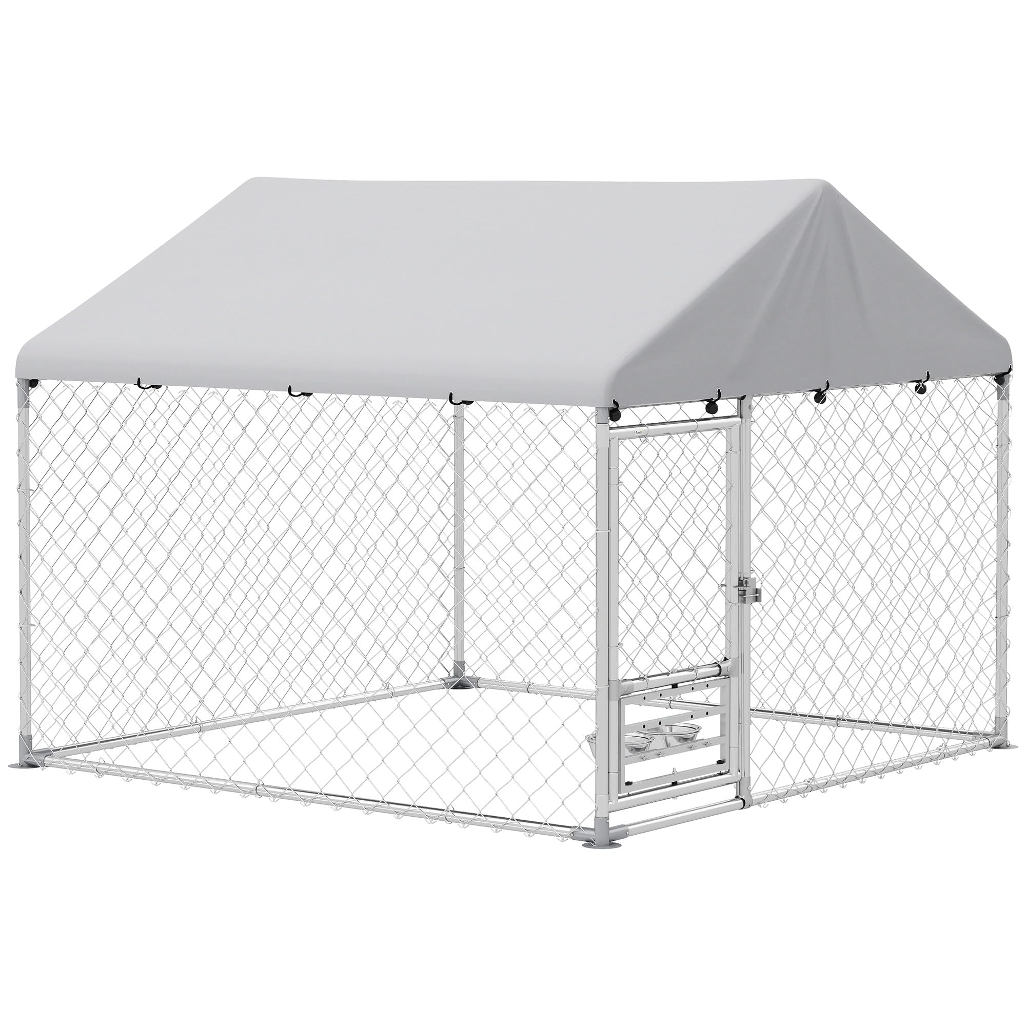 PawHut Perrera de Exterior con Techo Impermeable 2x2x1,55 m Jaula para Perros de Acero Galvanizado Soporte Ajustable y Giratorio para Comida 2 Cuencos para Perros Medianos y Pequeños