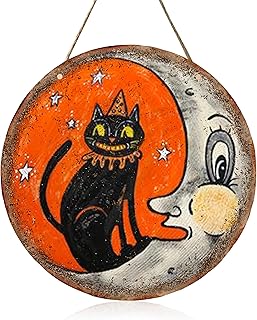 Halloween Cat Decor, Vintage Gothic Black Cat Moon Wall Hanging Decoration, Wooden Welcome Sign for Home Porch Door, Outdoor Indoor Party Supplies（Smile Moon）