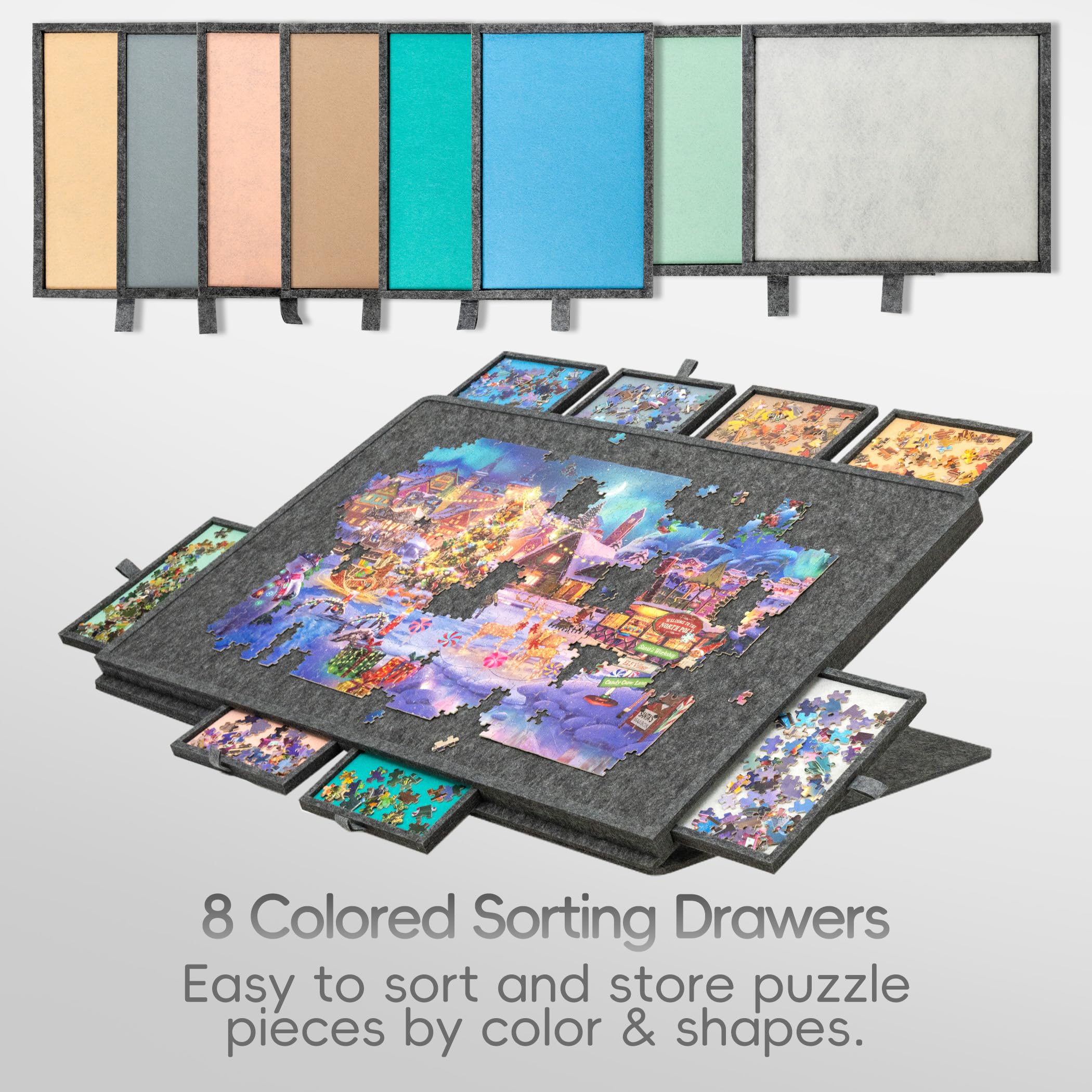 1500-teiliges neigbares Puzzlebrett mit 8 Schubladen und Deckel. Verstellbarer Puzzletisch mit integrierter Staffelei/Ständer, 3-stufige Neigungsverstellung