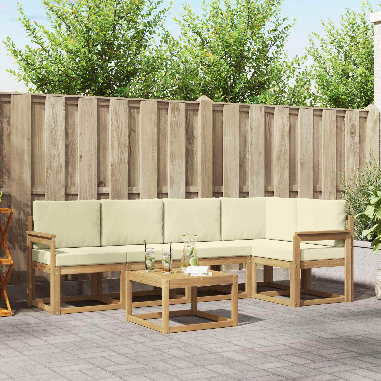 Gartenmöbelgarnitur 6-teilig aus massivem Akazienholz in Weiß und Creme wetterfestes Outdoor-Set für Terrasse, Balkon und Garten mit Tisch, Sofas, Armlehnen, Sitz- und Rückenkissen