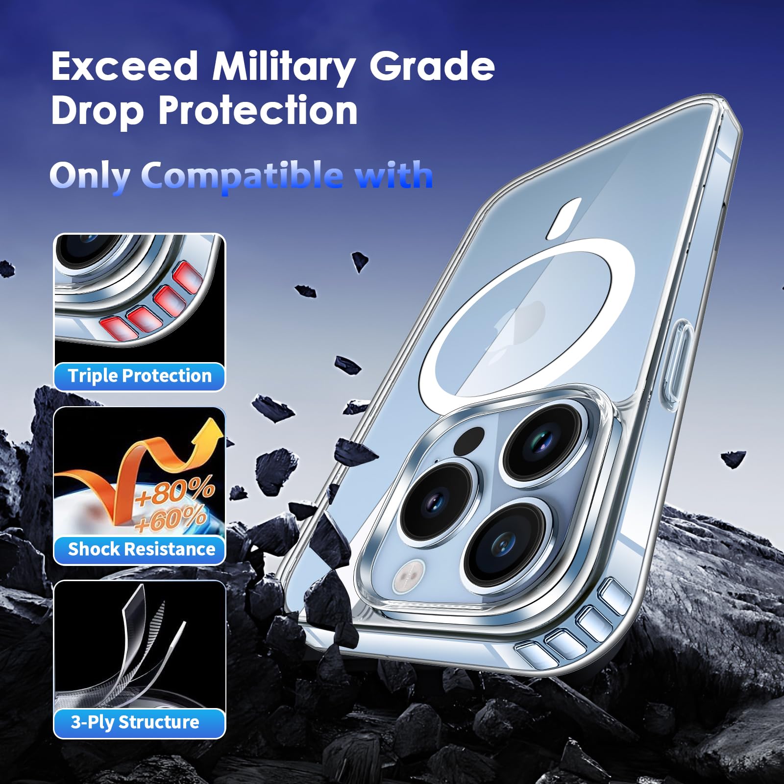 COPIKE Cover Magnetica per iPhone 13 Pro con 2 Vetro Temperato e 2 Lente Fotocamera Protezione, Custodia MagSafe Sottile Antiurto [Senza Ingiallimento] Retro Antigraffio, Trasparente