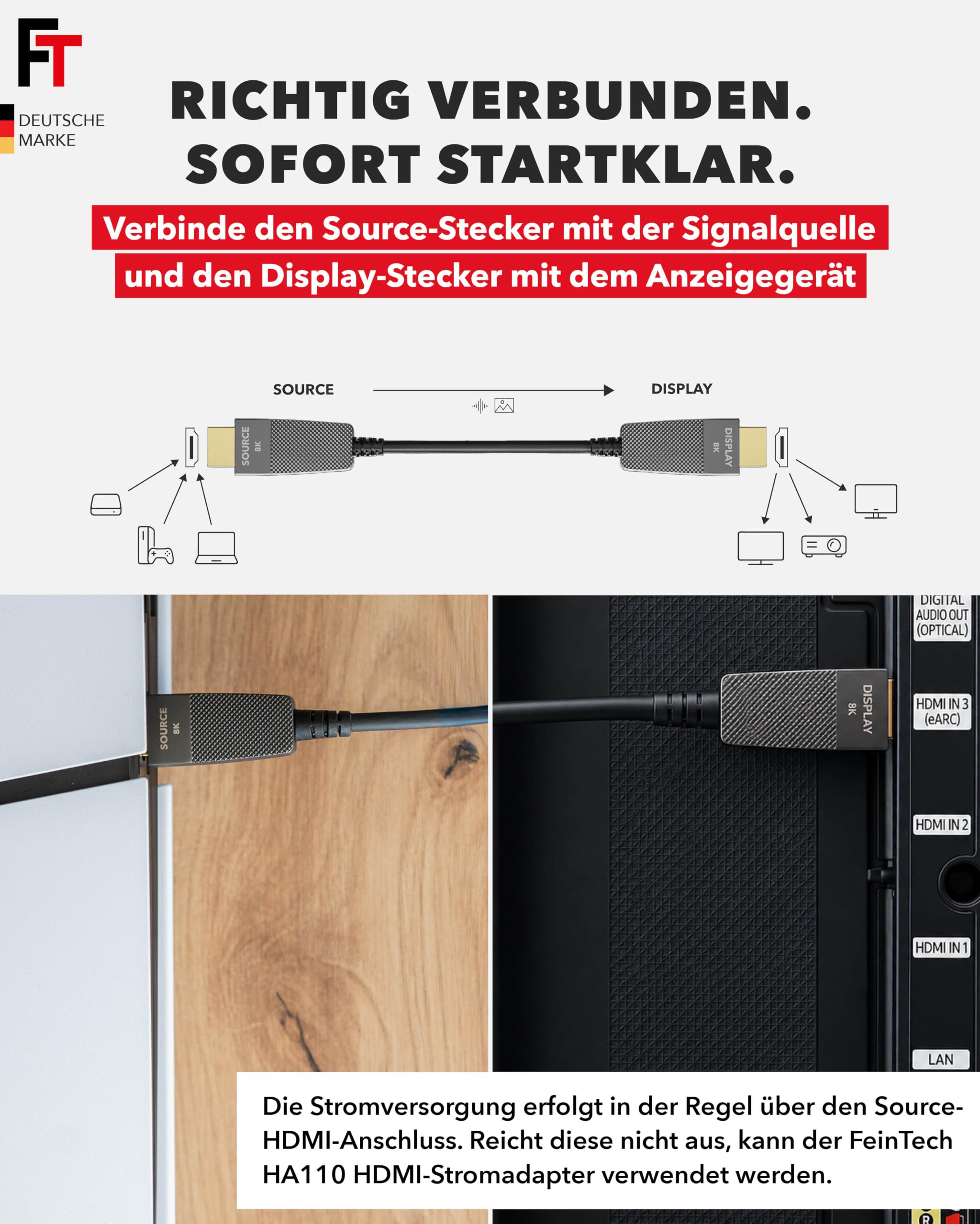 FeinTech ProAqtive HDMI Glasfaserkabel 12m Hybrid-Kabel AOC Fibre 8K 60Hz 4K 240Hz 48Gbps eARC CEC, kompatibel mit TV, PC, Xbox, PS5