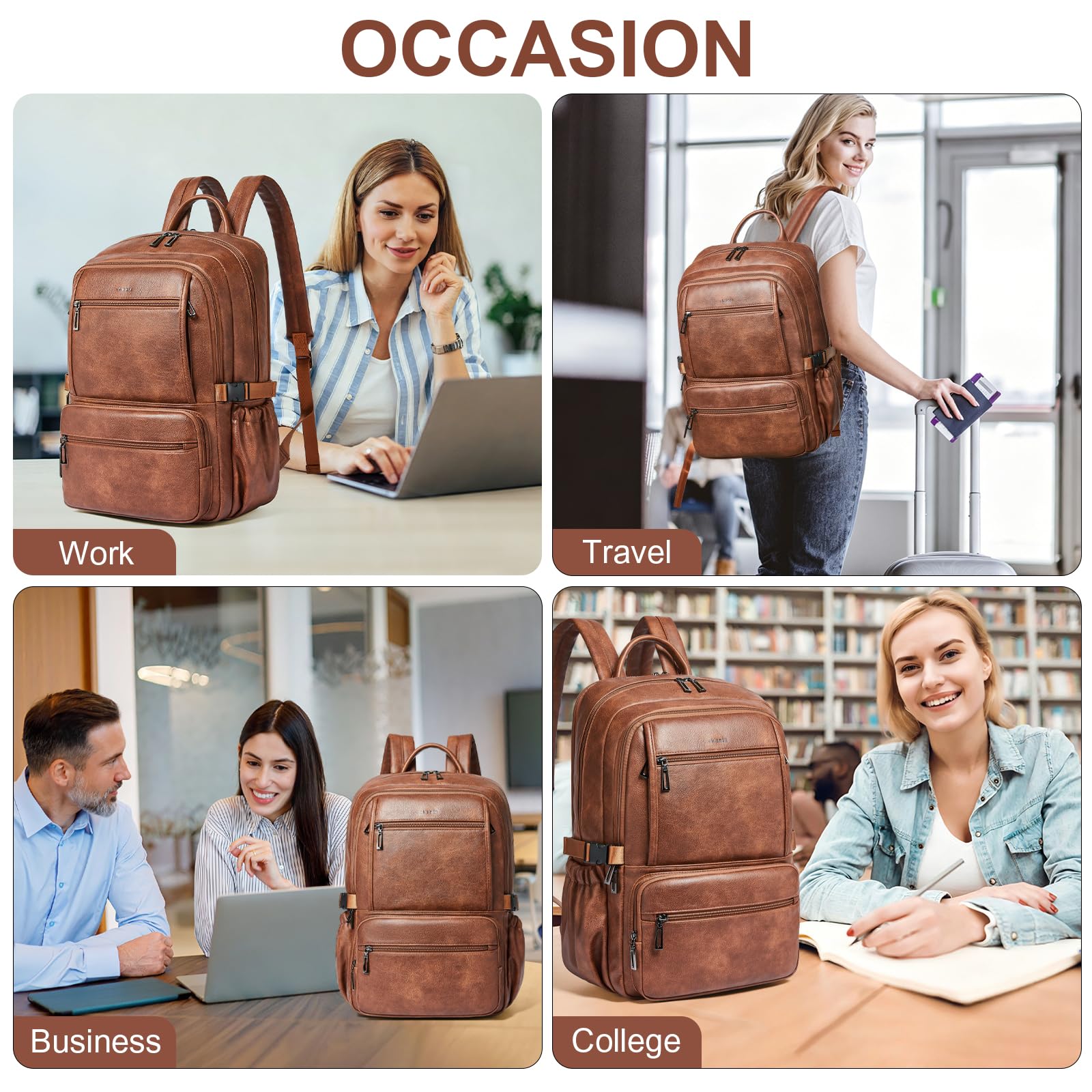 Shrrie Skórzany plecak do pracy na laptopa, torba na komputer, torba na podróż służbową, College Office Fit 17 cali, skórzany plecak, torba 35 l, pojemny, wodoszczelny plecak, brązowy