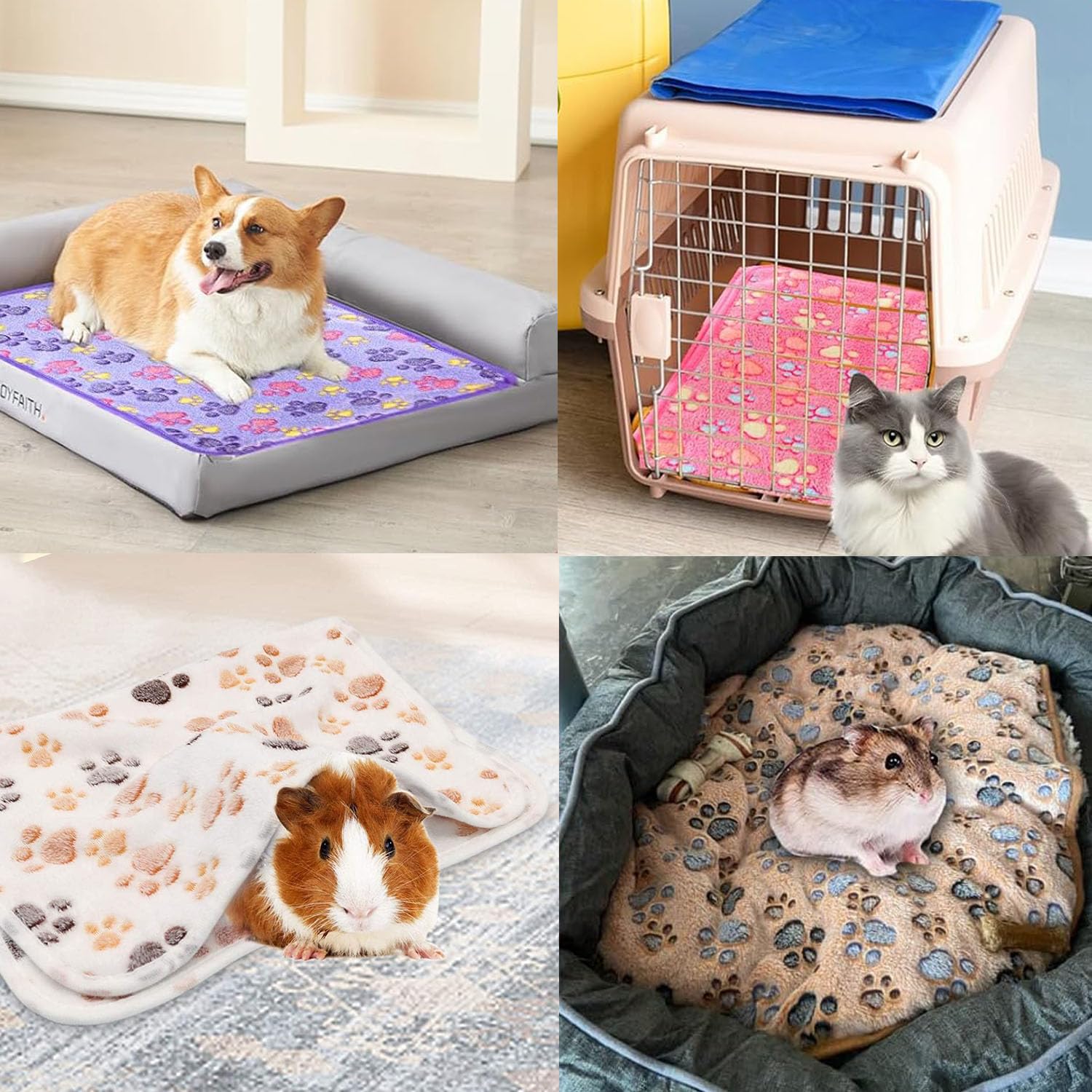 PACIOCEAN 4 Pcs Guinea Pig Blankets,Small Animal Blankets,Puppy Blankets,Cute Paw Print Flannel Pet Blanket,Reusable Pet Pee Pad Sleep Mat Pad Cover for Hamster Ferret (23.6 x 15.7 Inch) - Image 2