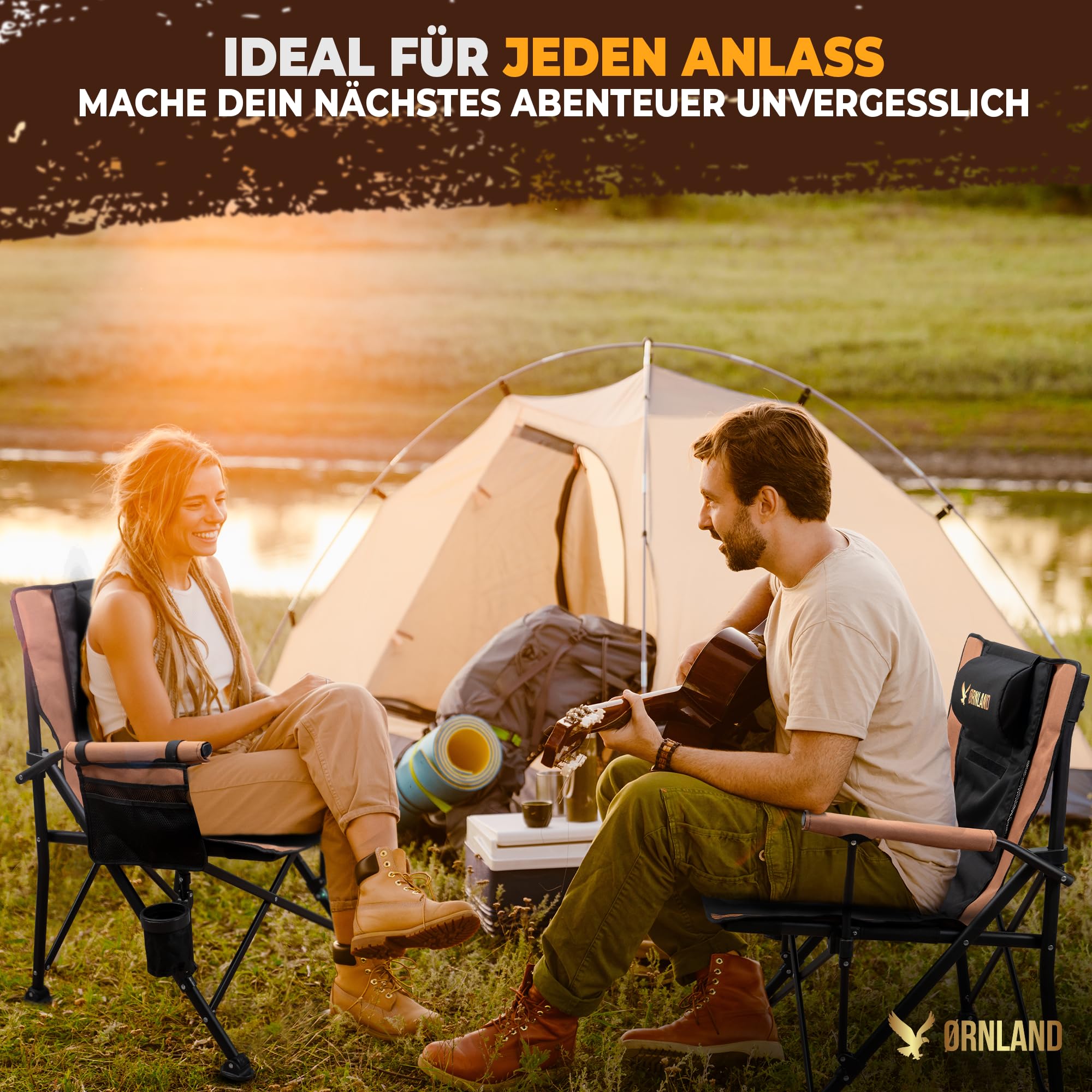 Ørnland Campingstuhl faltbar schwarz braun, stabil bis 150kg, [atmungsaktiv Mesh] mit Seitentasche Kissen Getränkehalter I Angelstuhl, Strandstuhl, Klappstuhl