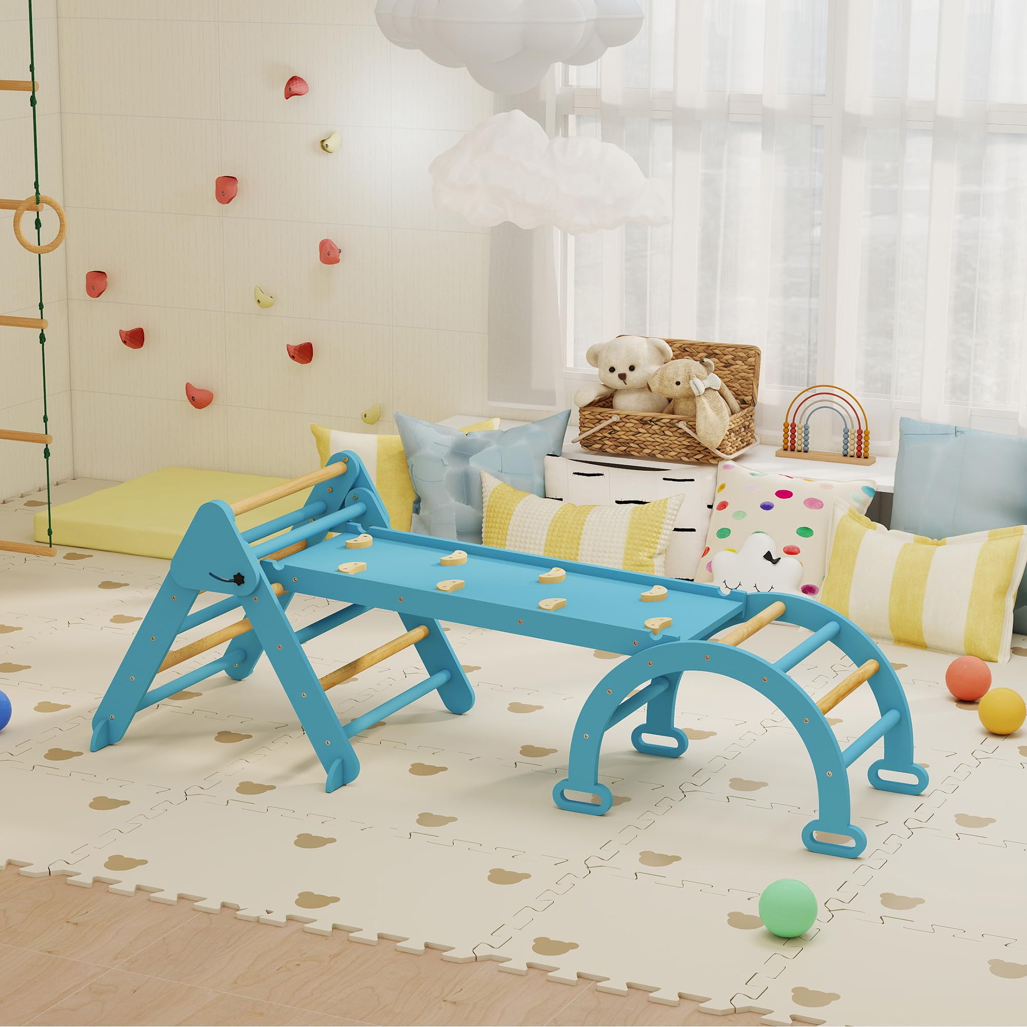 AIYAPLAY 7 en 1 Triángulo de Escalada Montessori con Arco y Rampa, Escalada para Niños de Madera Plegable, para 18-48 Meses, para Deslizarse o Escalar, 188x70 cm, Azul