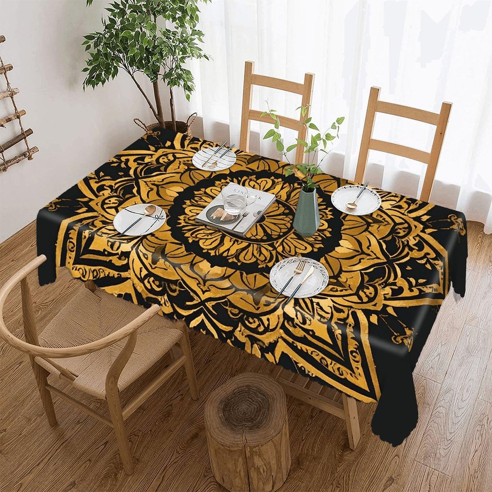 Nappe de table rectangulaire anti-tache or et noir réutilisable