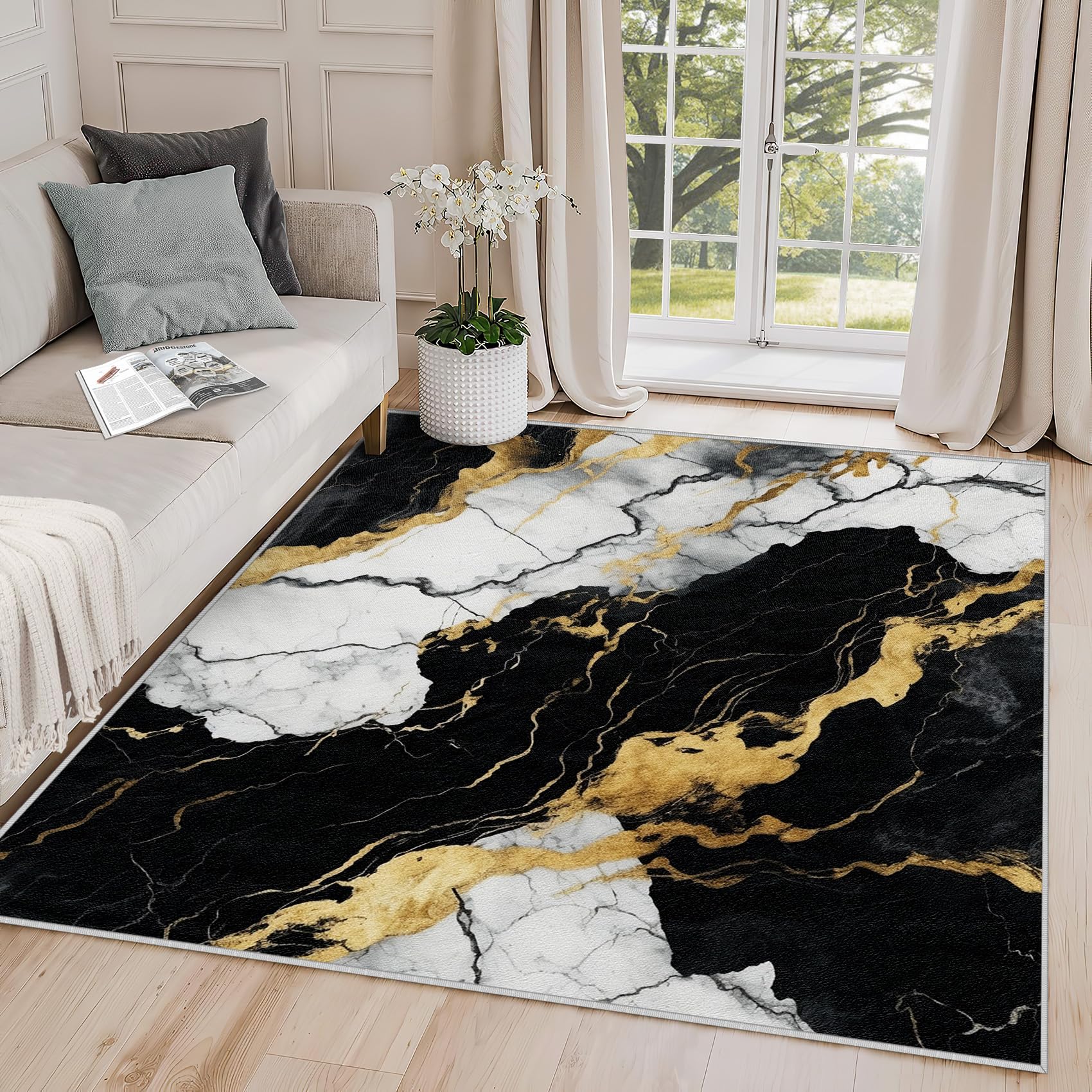 Yoozitrees Marble Rugs for Bedroom - Modern Rug, 4x5 Rug, Marble Black and White Gold Area Rug, Abstract Luxury Carpet, Washable & Non Slip & Soft