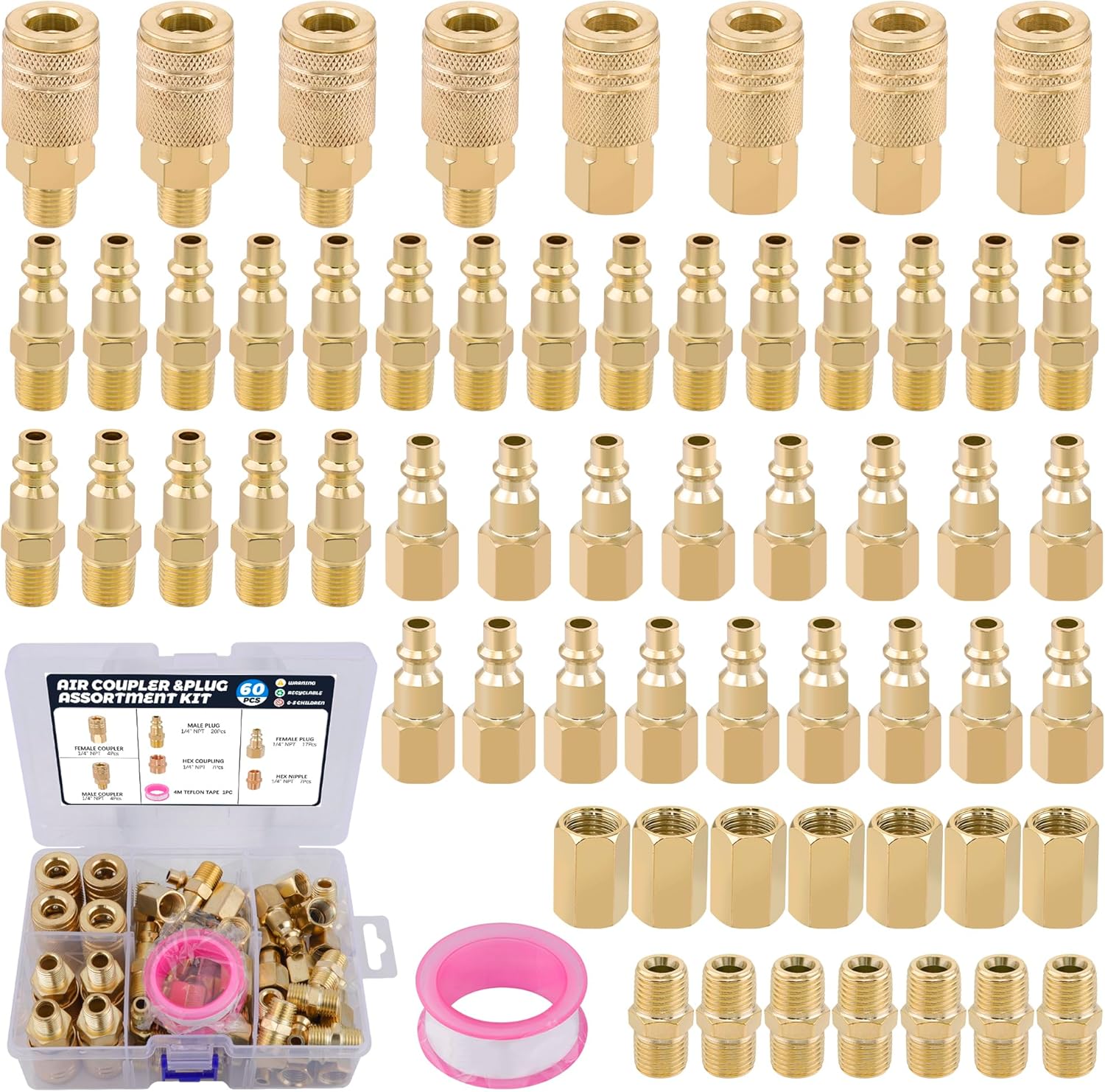 Air Coupler & Plug Kit,60Pcs 1/4 Inch NPT Air Tool Fittings Set,Quick Connect Air Hose Fittings Air Compressor Accessories