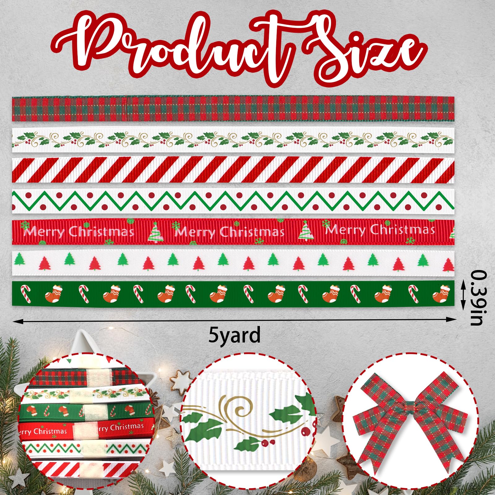 ALIBBON 7 rollos de cinta de grogrén para árbol de Navidad de 35 yardas de 3/8 pulgadas, cintas de grogrén para manualidades, decoración de Navidad, cintas de cuadros rojos y verdes para envolver