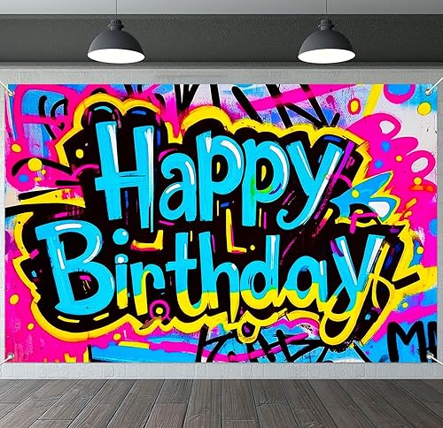 IVN Pancarta de decoración de cumpleaños de 71 x 43 pulgadas, diseño de graffiti de neón estilo Happy Birthday con letras llamativas y colores vivos