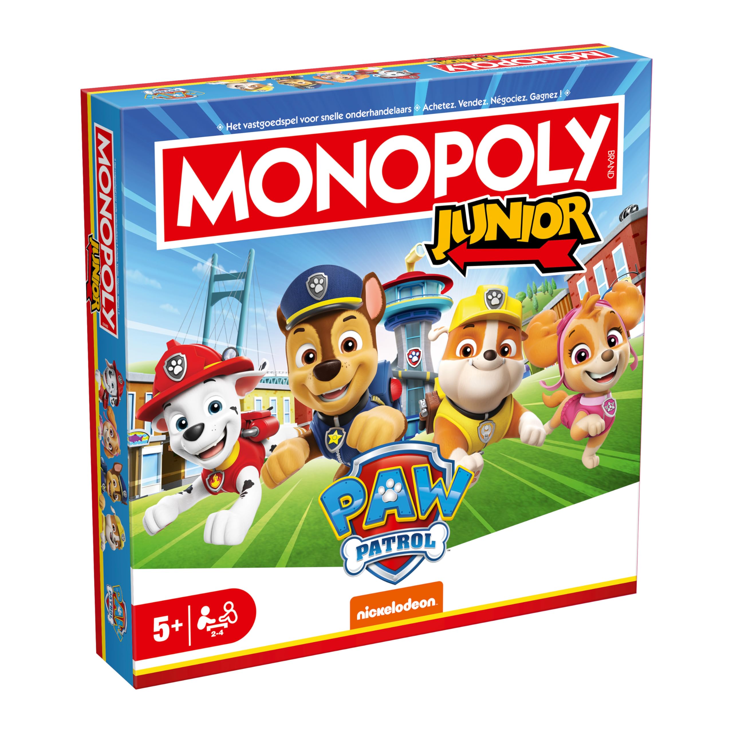 Winning Moves Monopoly Junior Psi Patrol Junior Edition - Gry rodzinne Strategiczne Gry planszowe Monopoly Psi Patrol Junior - gra planszowa dla dzieci - 2+ graczy od 5 lat - holenderski/francuski