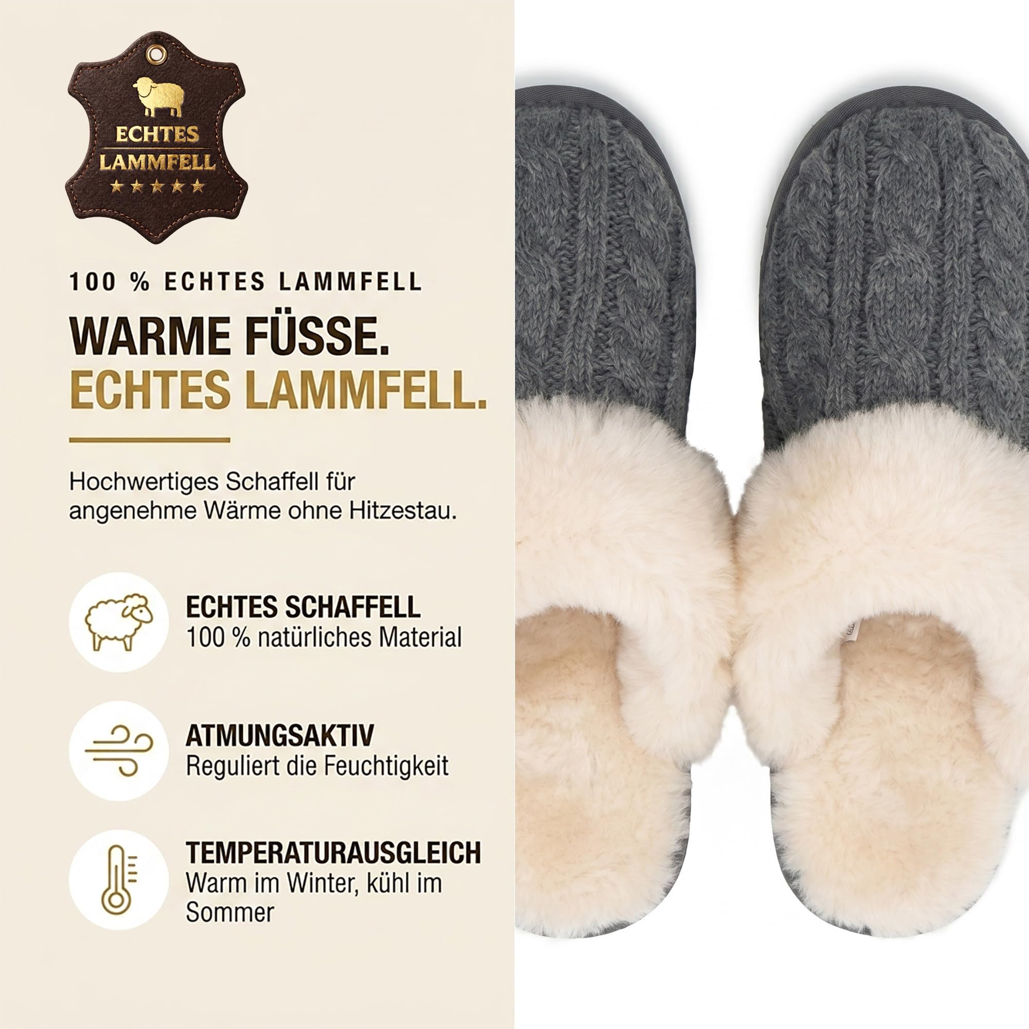 Rohn Moden Lammfell Hausschuhe Damen – Nuri – Warme Hausschuhe Damen mit Schaffell & rutschfester EVA-Sohle – Winter Pantoffeln für zuhause – Slipper gefüttert - Grau