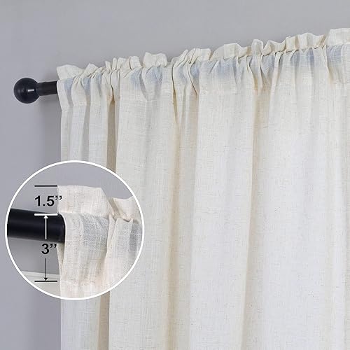 Miniatura 5 de Cortinas de lino beige crema de 90 pulgadas de largo para sala de estar, juego de 2 paneles de bolsillo para barra, neutro, bohemio, rústico,