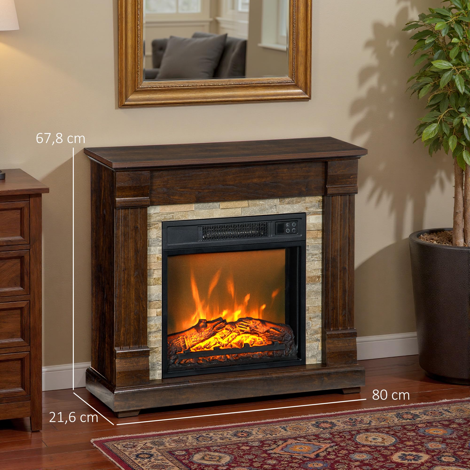 HOMCOM Cheminée Électrique Effet Flamme 1800W 80 x 21,6 x 67,8 cm Marron