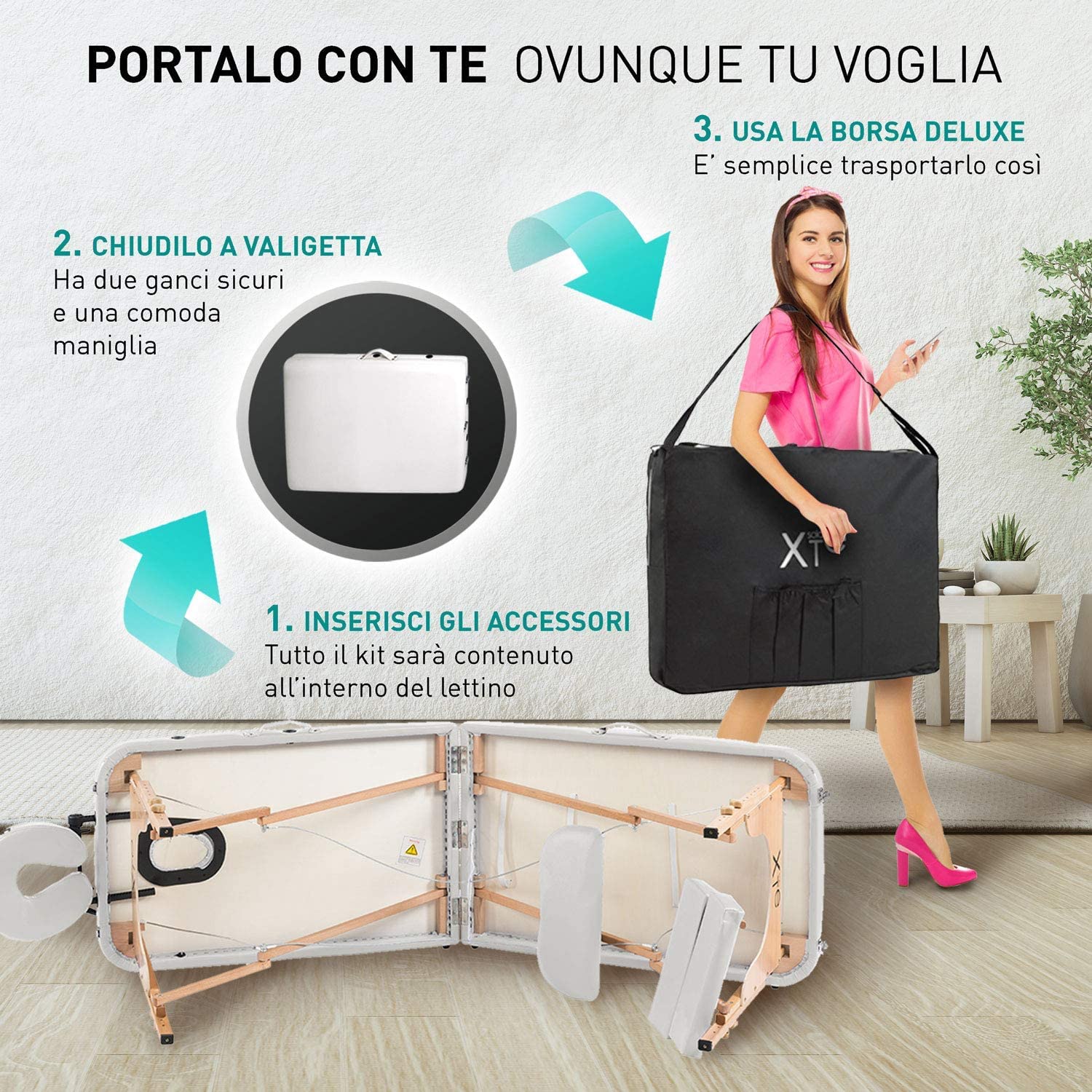 Lettino Massaggio Portatile, in Pelle ‘PU’ ECO di Alta Qualità, XXL 2 Zone, Telaio in Legno, Pieghevole, Cavi in Acciaio Inox, Poggiatesta, Braccioli, Rete, Borsa Trasporto e Timer Omaggio (BIANCO)