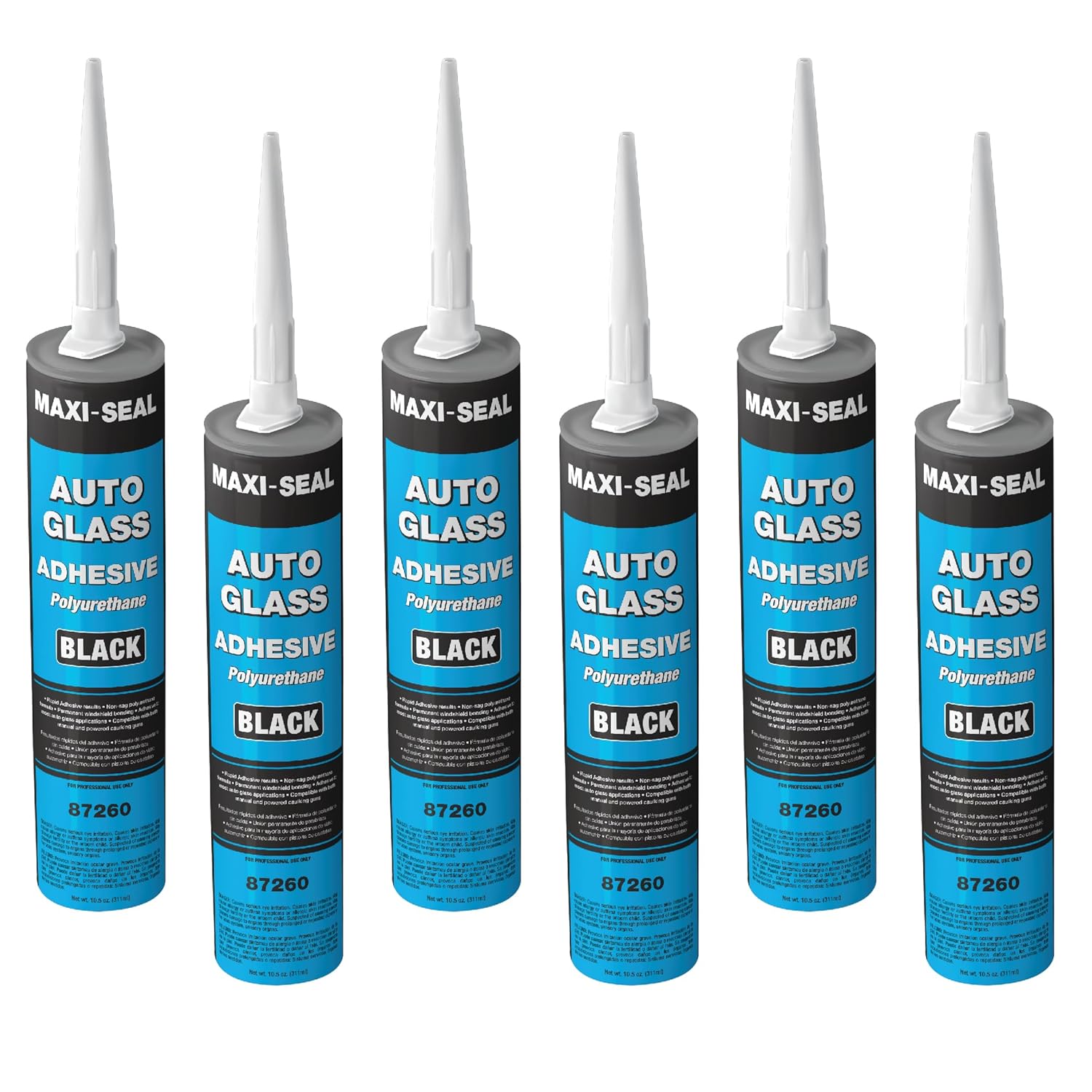 Maxi-Seal Black Polyurethane Windshield Adhesive with Fast Curing Non-sag Formula - 10.5oz Tube + ﻿Applicator Tip﻿ - High Bond Strength Window Sealant - Weather Resistant Auto Glass Adhesive (6 Pack)