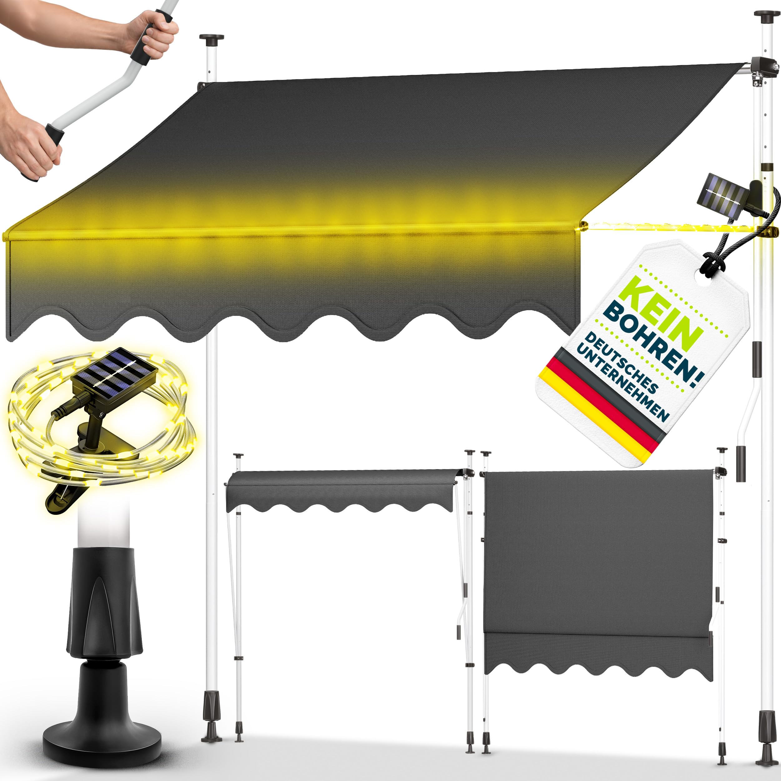 tillvex Klemmmarkise mit Handkurbel & LED Lichterkette Balkon | Balkonmarkise ohne Bohren | Markise UV-beständig & höhenverstellbar | Sonnenschutz Terrasse & Garten wasserdicht (Grau, 400cm)